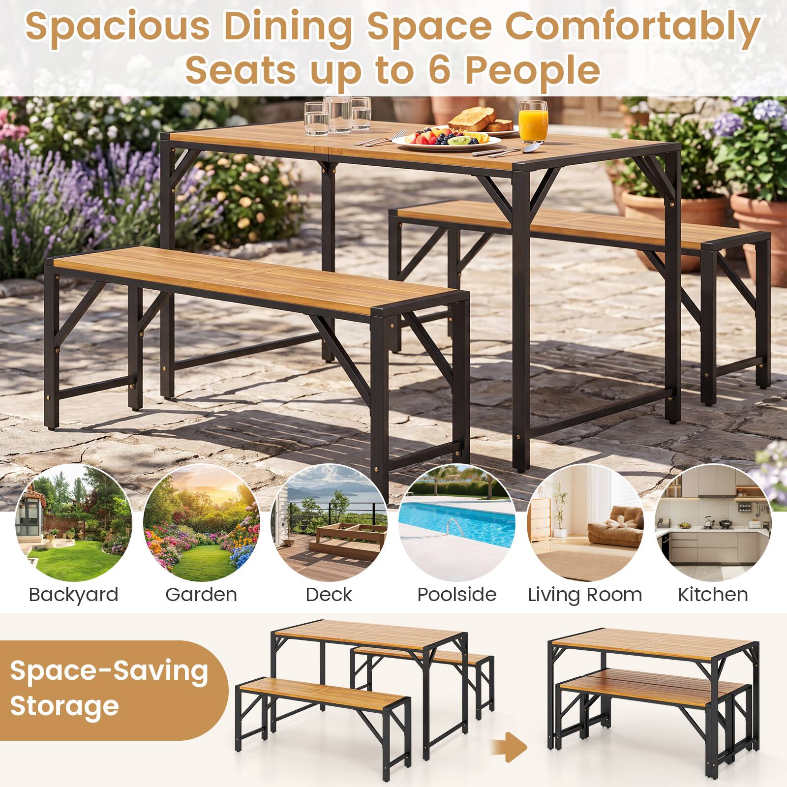 Spacious Dining Space Comfortably Seats up to 6 People

Backyard Garden Deck Poolside Living Room Kitchen

Space-Saving Storage