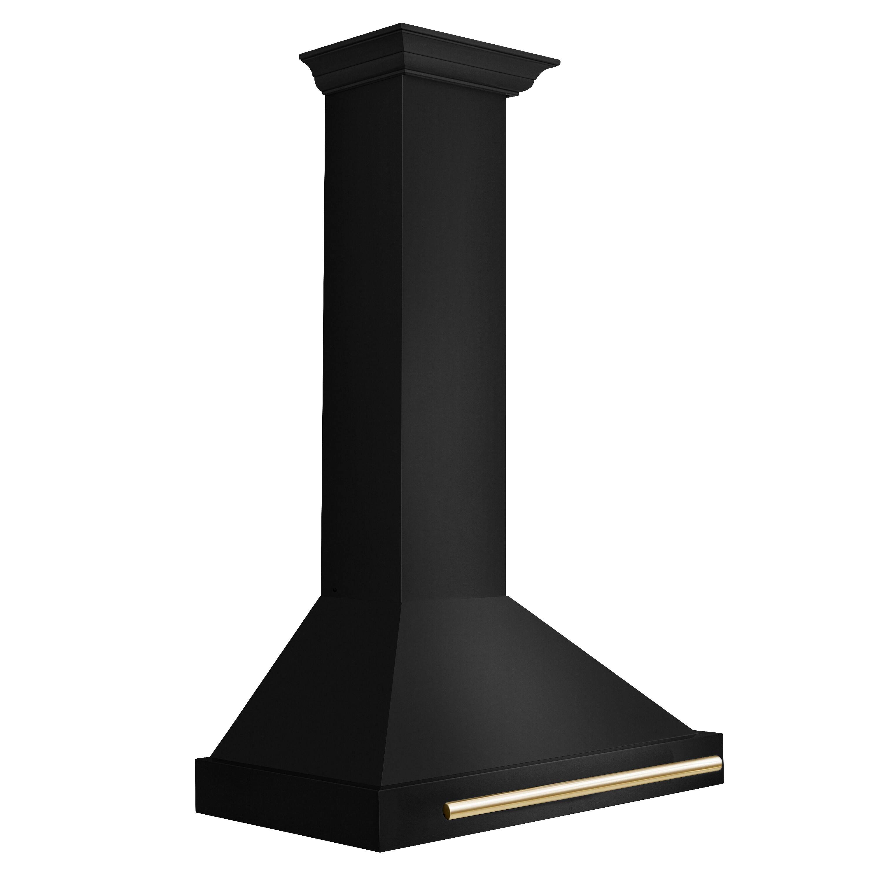 Angle. ZLINE - 30 in. Autograph Edition Black Stainless Steel Wall Mount Range Hood With Polished Gold Handle (BSKB4Z-30-G) - Black stainless steel.