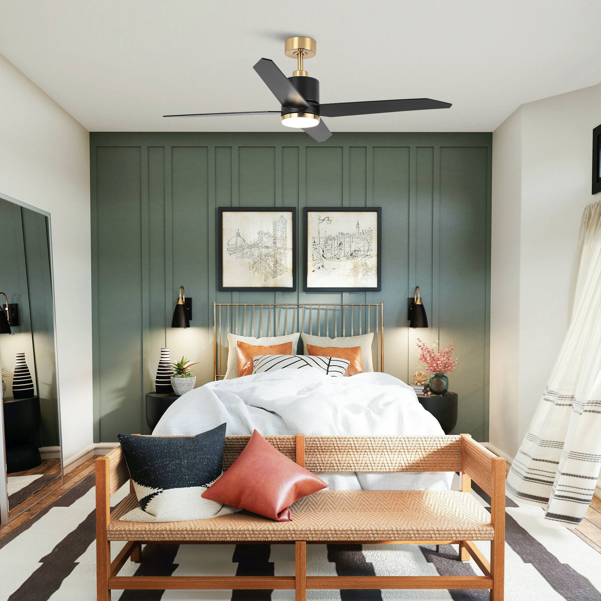 Left. Parrot Uncle - 52" Black Wood 4-Blade Dimmable Modern Ceiling Fan with Light and Remote - Black.