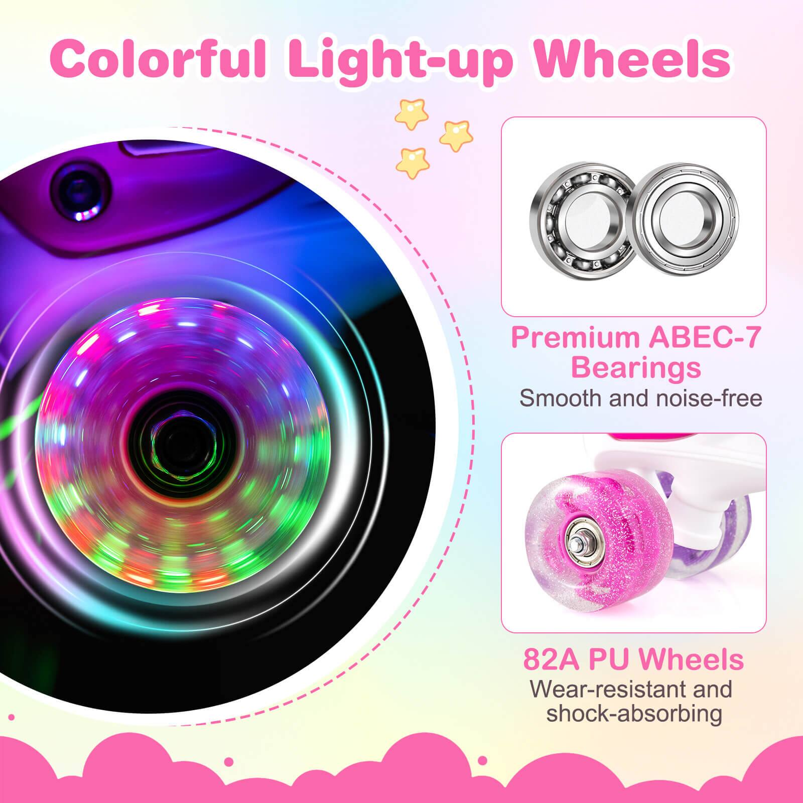 Colorful Light-up Wheels

Premium ABEC-7 Bearings  
Smooth and noise-free

82A PU Wheels  
Wear-resistant and shock-absorbing