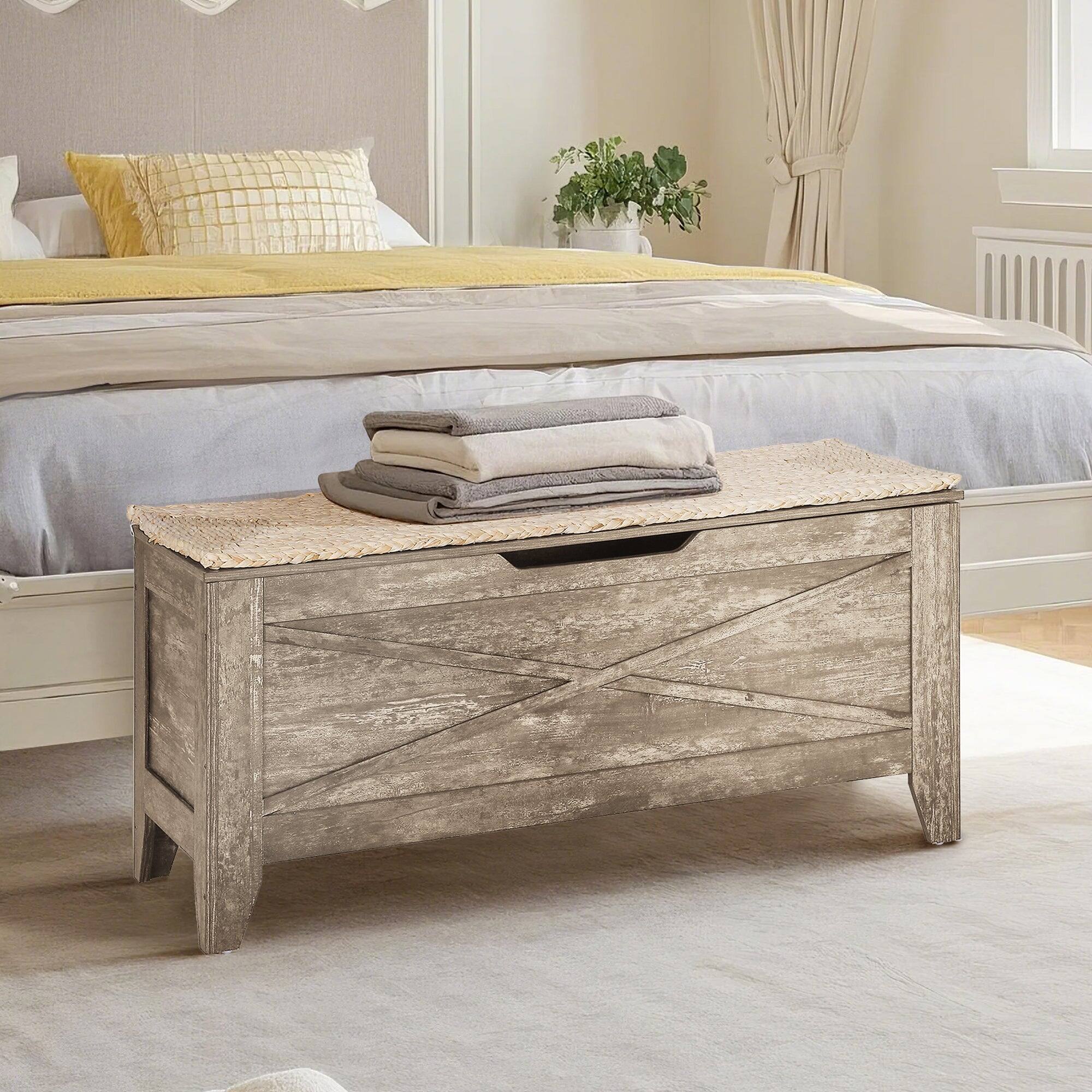 Alt View 2. Vecelo - 43.3" Wood Storage Chest with Safety Hinge, Entryway Storage Bench Trunk with Lid - Natural wood.