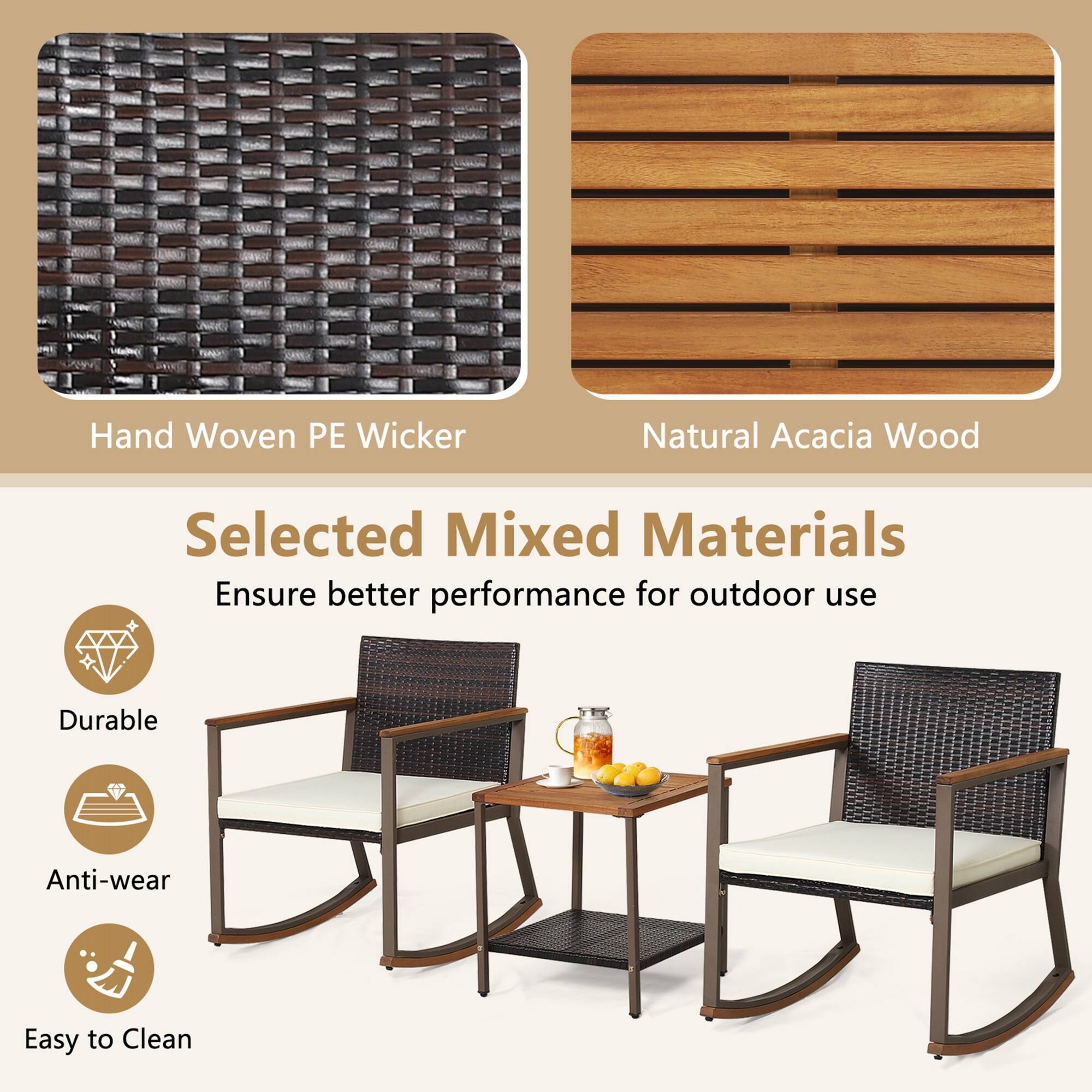 Selected Mixed Materials, Ensure better performance for outdoor use, Durable, Anti-wear, Easy to Clean, Hand Woven PE Wicker, Natural Acacia Wood