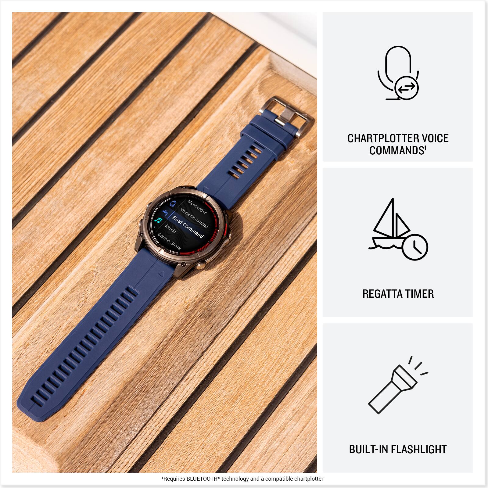 The image shows a Garmin watch with a blue band sitting on a wooden surface. The watch has a built-in flashlight and is equipped with chartplotter voice commands. The watch also has a regatta timer and is designed to be used with Bluetooth technology.