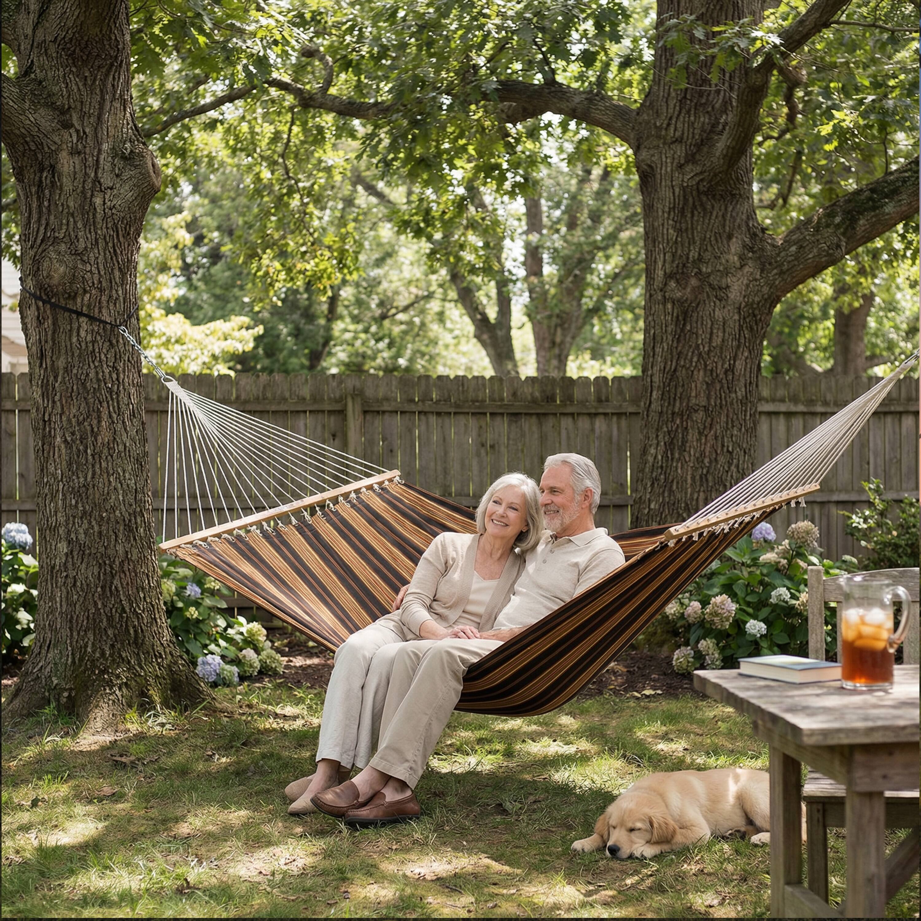 Alt View 10. Sunnydaze - Large Quilted Fabric Hammock with Spreader Bar and Pillow - Woodland Stripe.