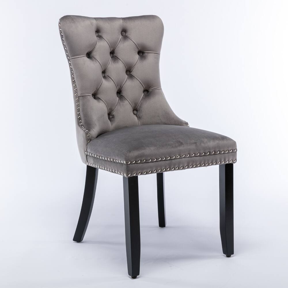 Left. Loheer - Loheer Gray Velvet Dining Chairs Set of 2 Tufted Solid Wood Upholstered Mid-Century Modern Seating with Nailhead Trim - Gray.