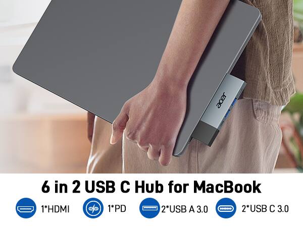 6 in 2 USB C Hub for MacBook

1*HDMI  
1*PD  
2*USB A 3.0  
2*USB C 3.0