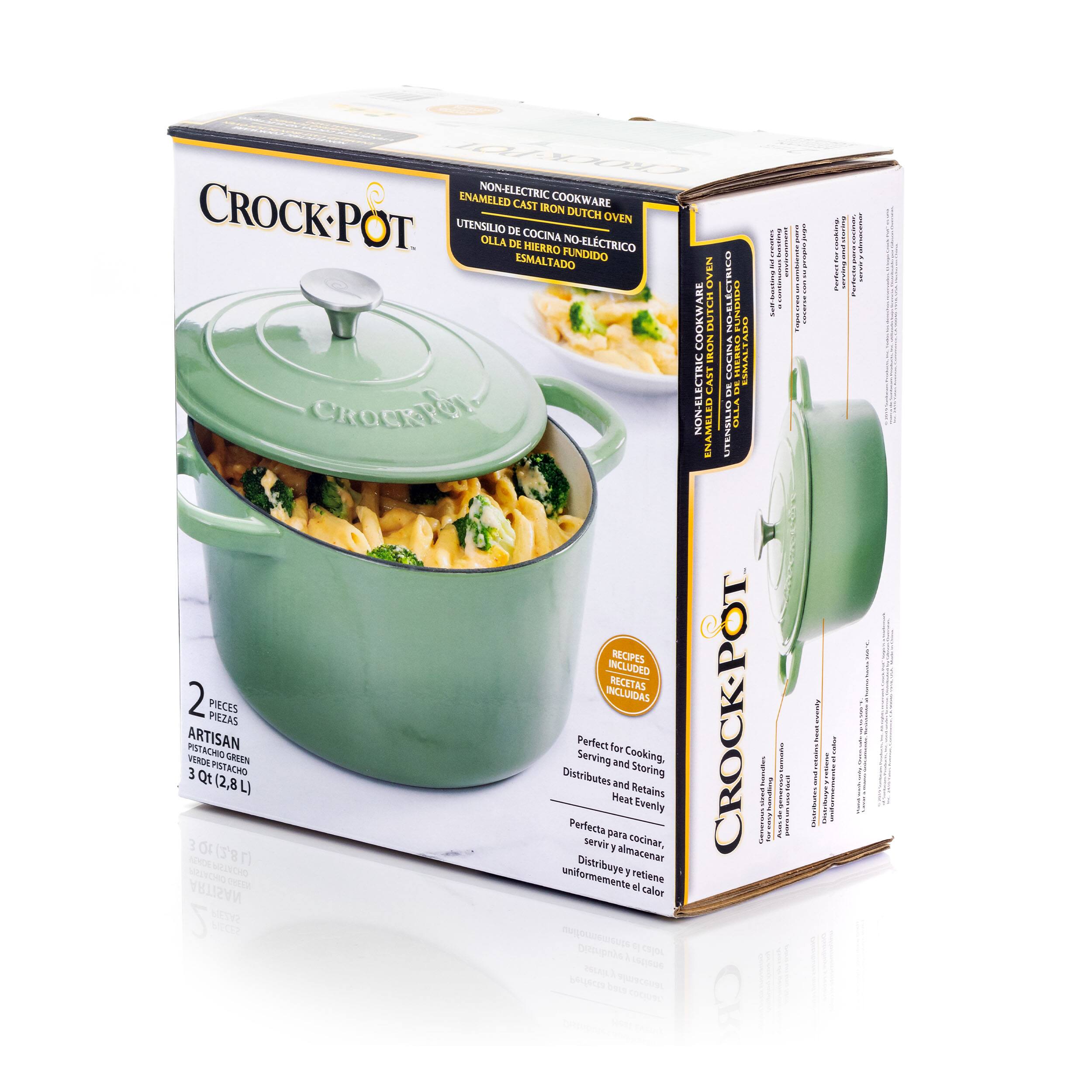 Crock-Pot is a brand of non-electric cookware, including Dutch oven pots and cast iron cookware. The cookware is enameled and comes with recipes included. The products are designed for serving and cooking, and they retain heat evenly, making them perfect for cocinar and almatenar. The cookware is available in different sizes, such as 2.8 and 3 quart (2.8 and 3 L) options.