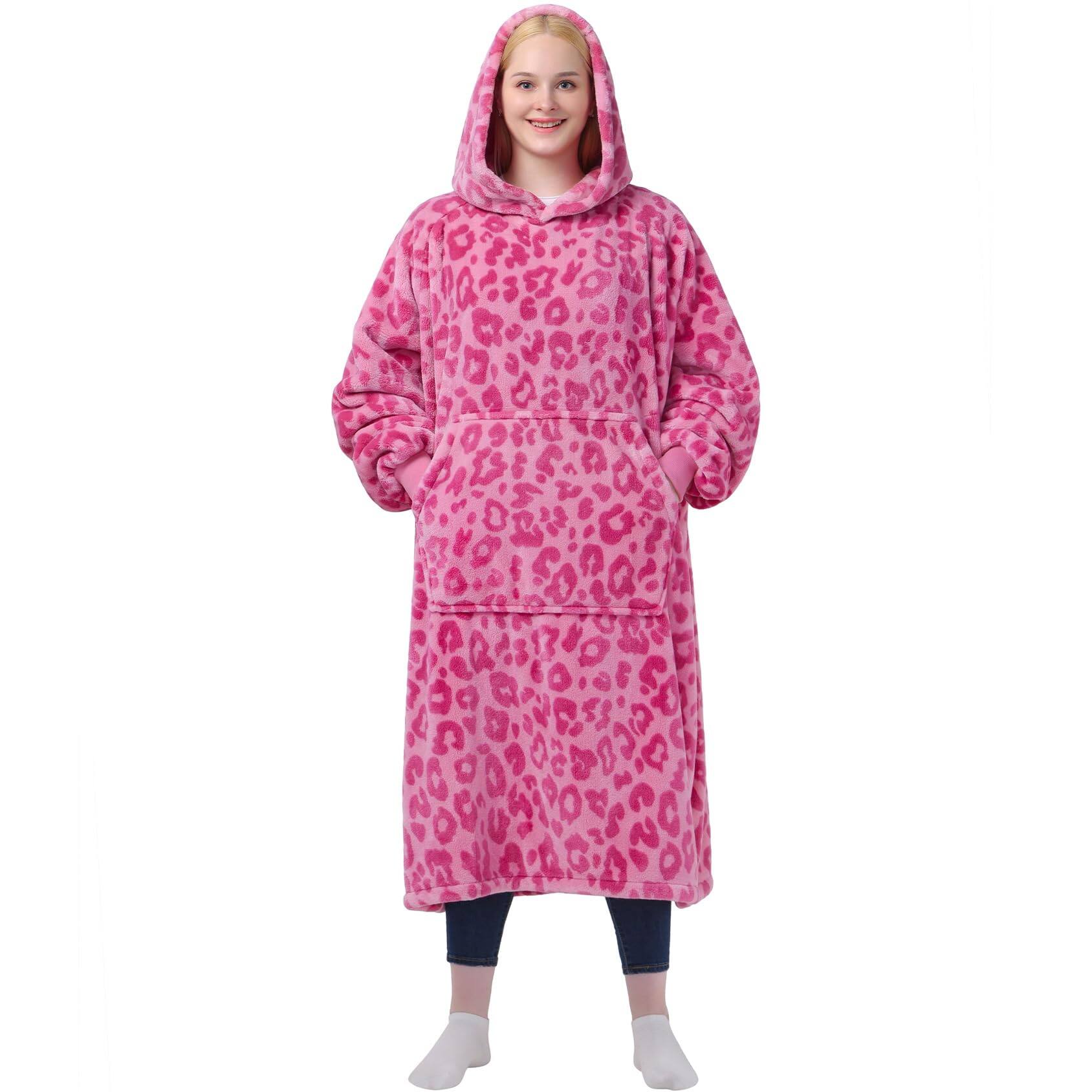Front. NICHOLAS KLEIN - Wearable Blanket Sweatshirt Gifts For Women And Men Warm Cozy Giant Hoodie Thick Flannel With Sleeves Pocke... - Leopard Pink Adult.