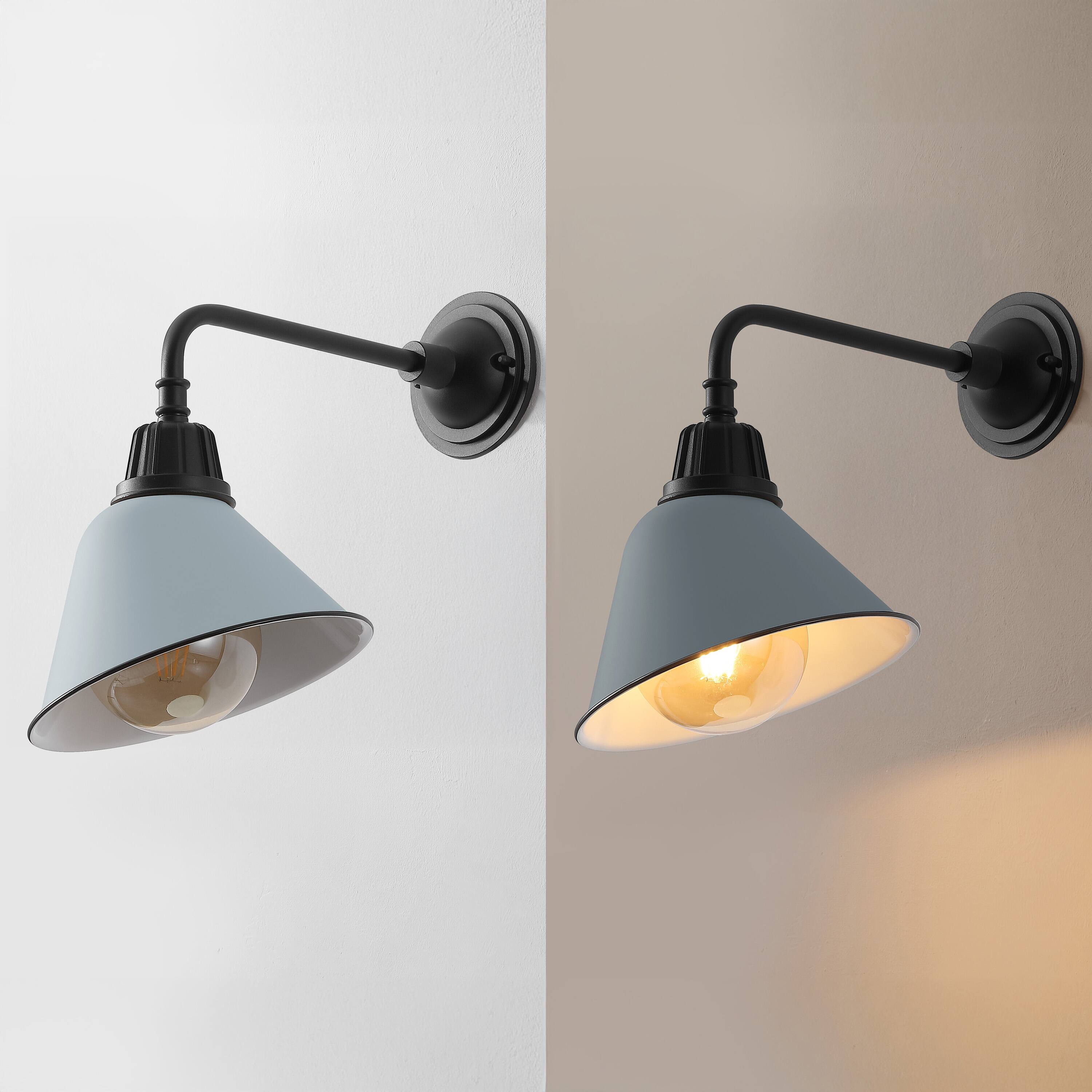 Alt View 4. Jonathan Y - Croydon 9.63" 1-Light Farmhouse Industrial Indoor/Outdoor Iron LED Gooseneck Arm Outdoor Sconce, Matte Silver Blue - Matte Silver Blue/Black.