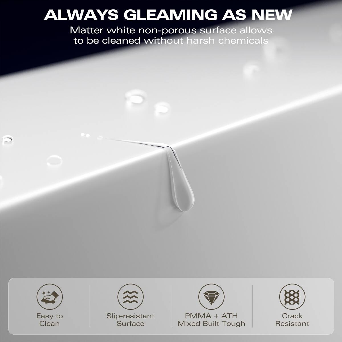 ALWAYS GLEAMING AS NEW  
Matter white non-porous surface allows to be cleaned without harsh chemicals  

Easy to Clean  
Slip-resistant Surface  
PMMA + ATH Mixed Built Tough  
Crack Resistant