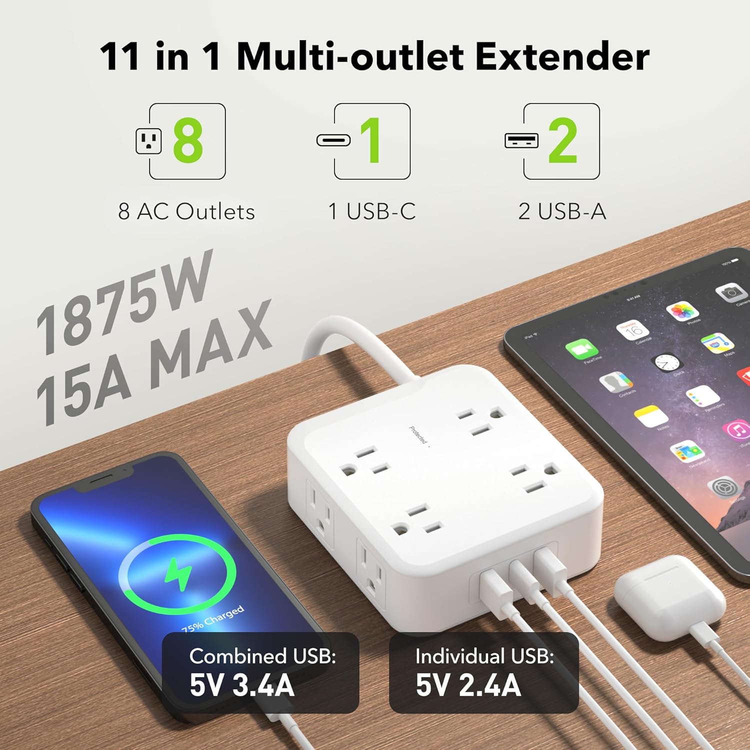11 in 1 Multi-outlet Extender  
8 AC Outlets  
1 USB-C  
2 USB-A  
1875W MAX 15A  
Combined USB: 5V 3.4A  
Individual USB: 5V 2.4A