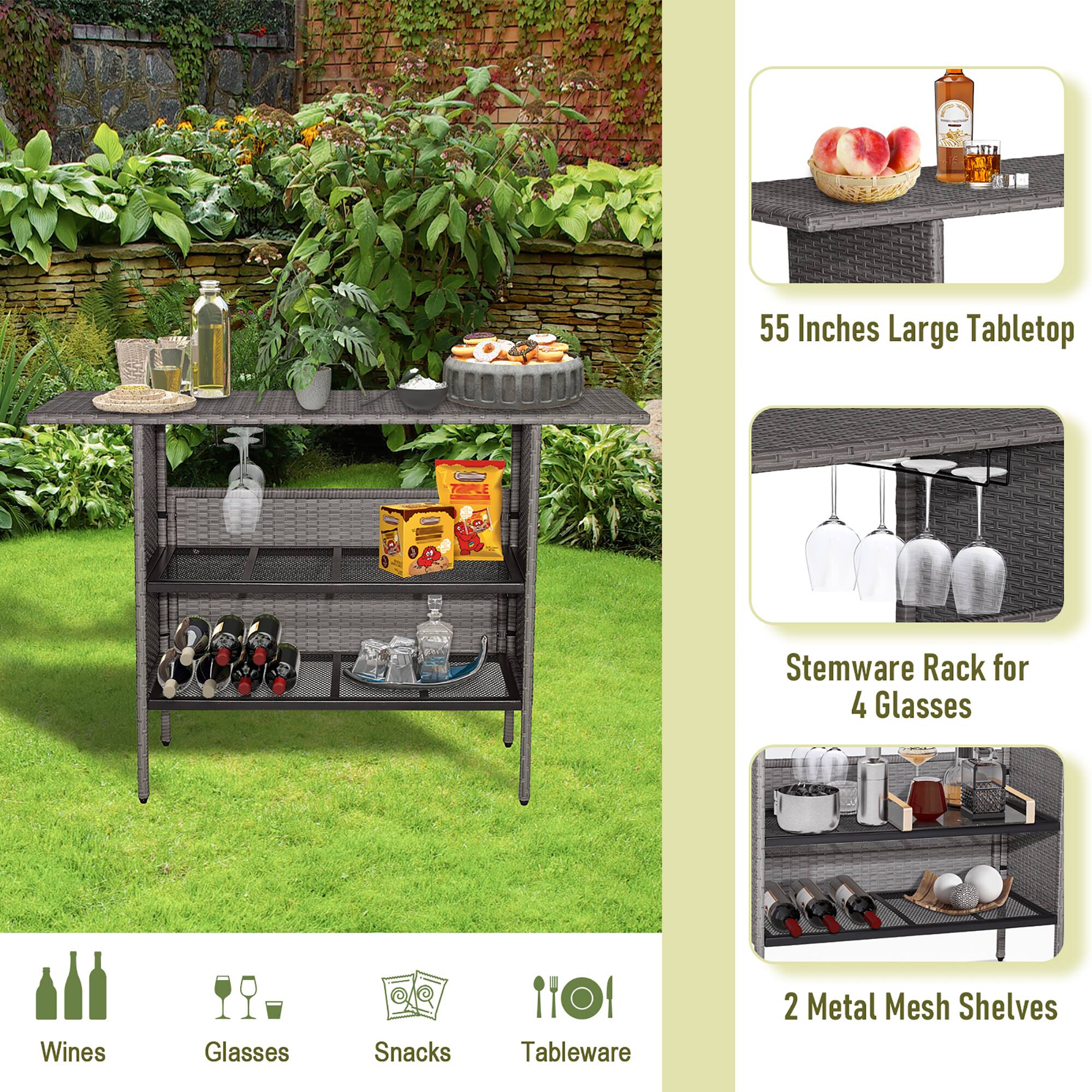 55 Inches Large Tabletop Stemware Rack for 4 Glasses  
Wines Glasses Snacks Tableware  
2 Metal Mesh Shelves