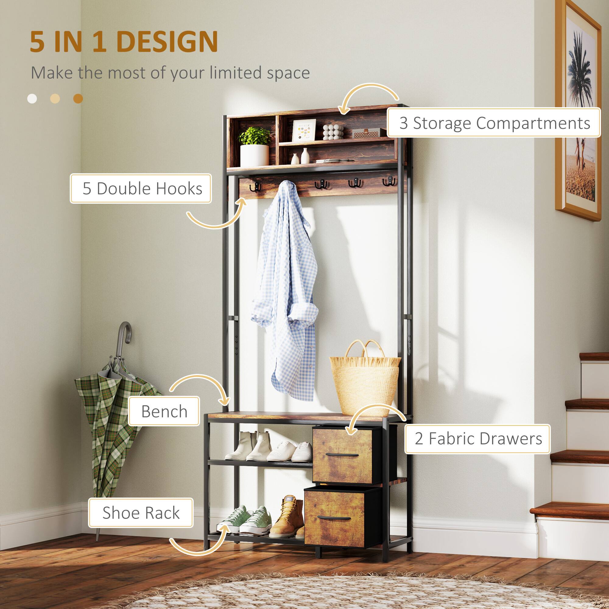 5 IN 1 DESIGN Make the most of your limited space - 5 Double Hooks, 3 Storage Compartments, Bench, Shoe Rack, 2 Fabric Drawers