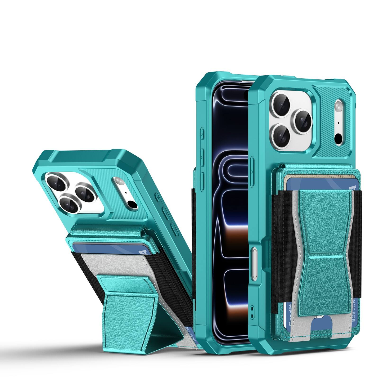 Angle. UUCOVER - Wallet Case for Apple iPhone 17 Pro Max with Elastic Card Slot Holder and Kickstand, Shockproof Drop Protection Cover - Green.