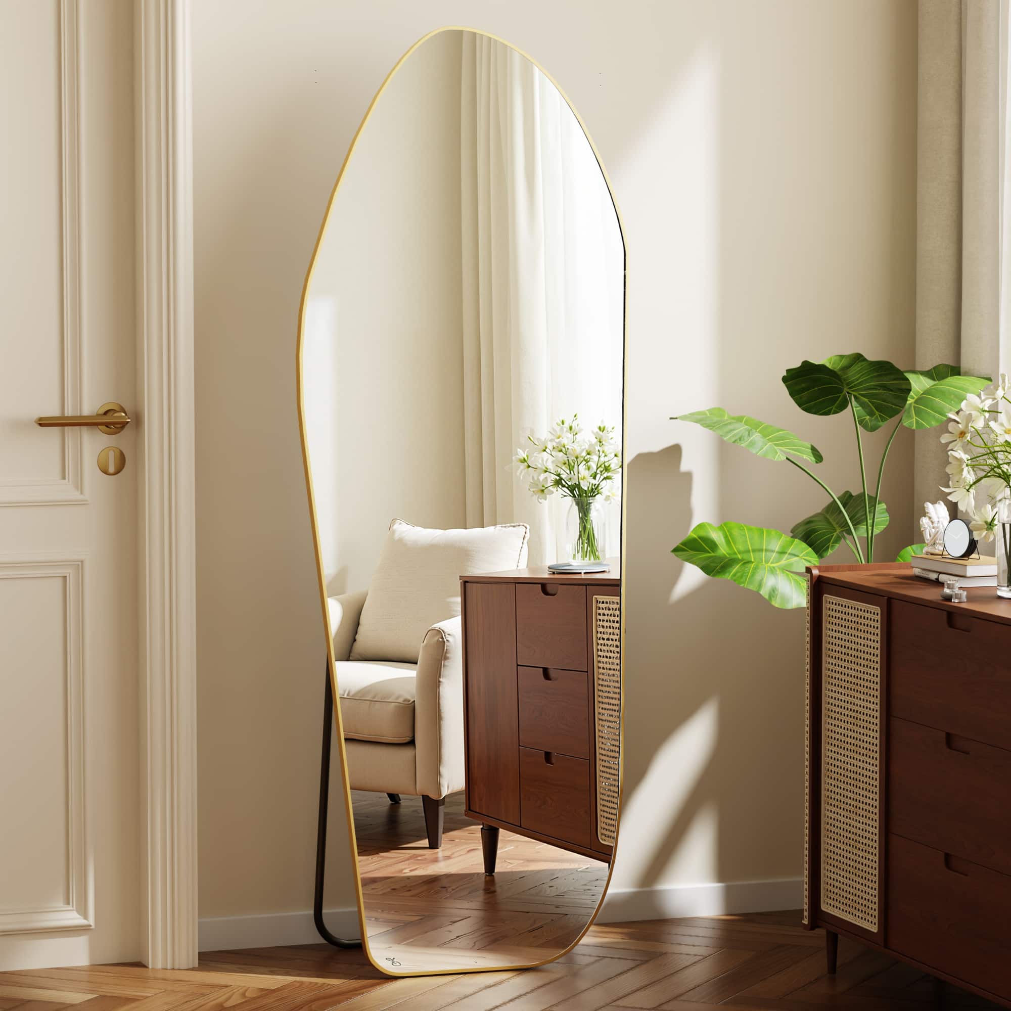 Easly - 24 in. W x 67 in. H Irregular Aluminum Alloy Framed Full Length Floor Mirror - Gold