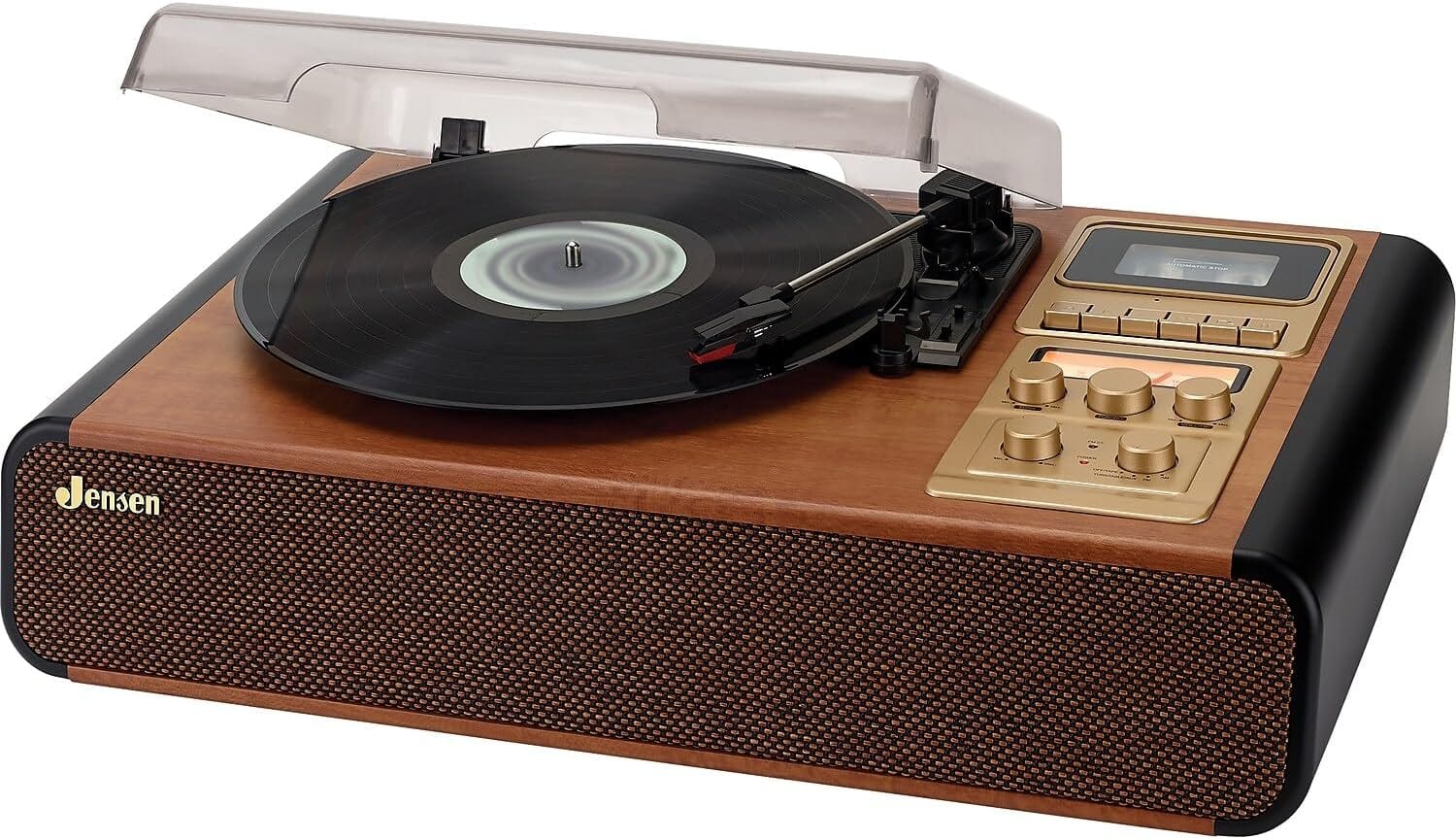 Jensen - JTA385 3-Speed Belt-Drive Turntable with Pitch Control, Cassette Player/Recorder, AM/FM Stereo Radio - Brown