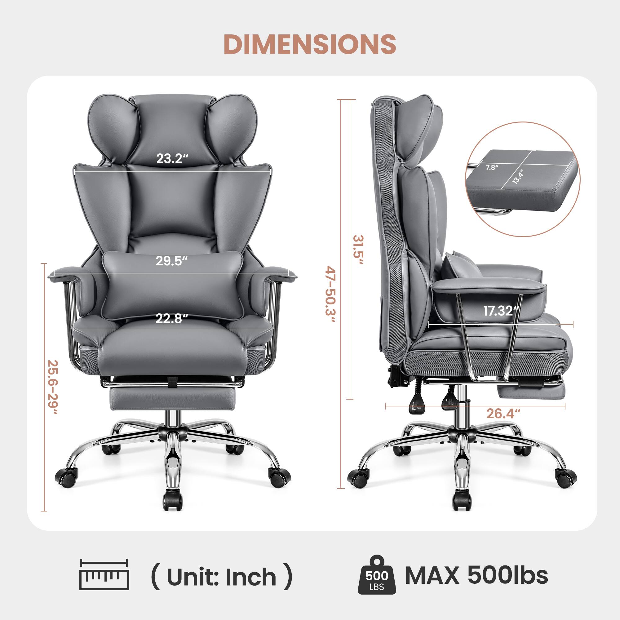 DIMENSIONS

- 23.2"
- 29.5"
- 22.8"
- 25.6-29"
- 47-50.3"
- 31.5"
- 17.32"
- 26.4"
- 7.8"
- 13.4"

(Unit: Inch)

MAX 500lbs