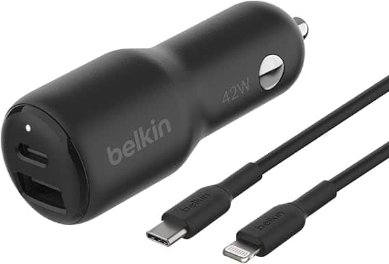 Belkin - CCB005btBK Dual (USB-A&C) Car Charger w/cbl (USB-C-lightning) Black - Black