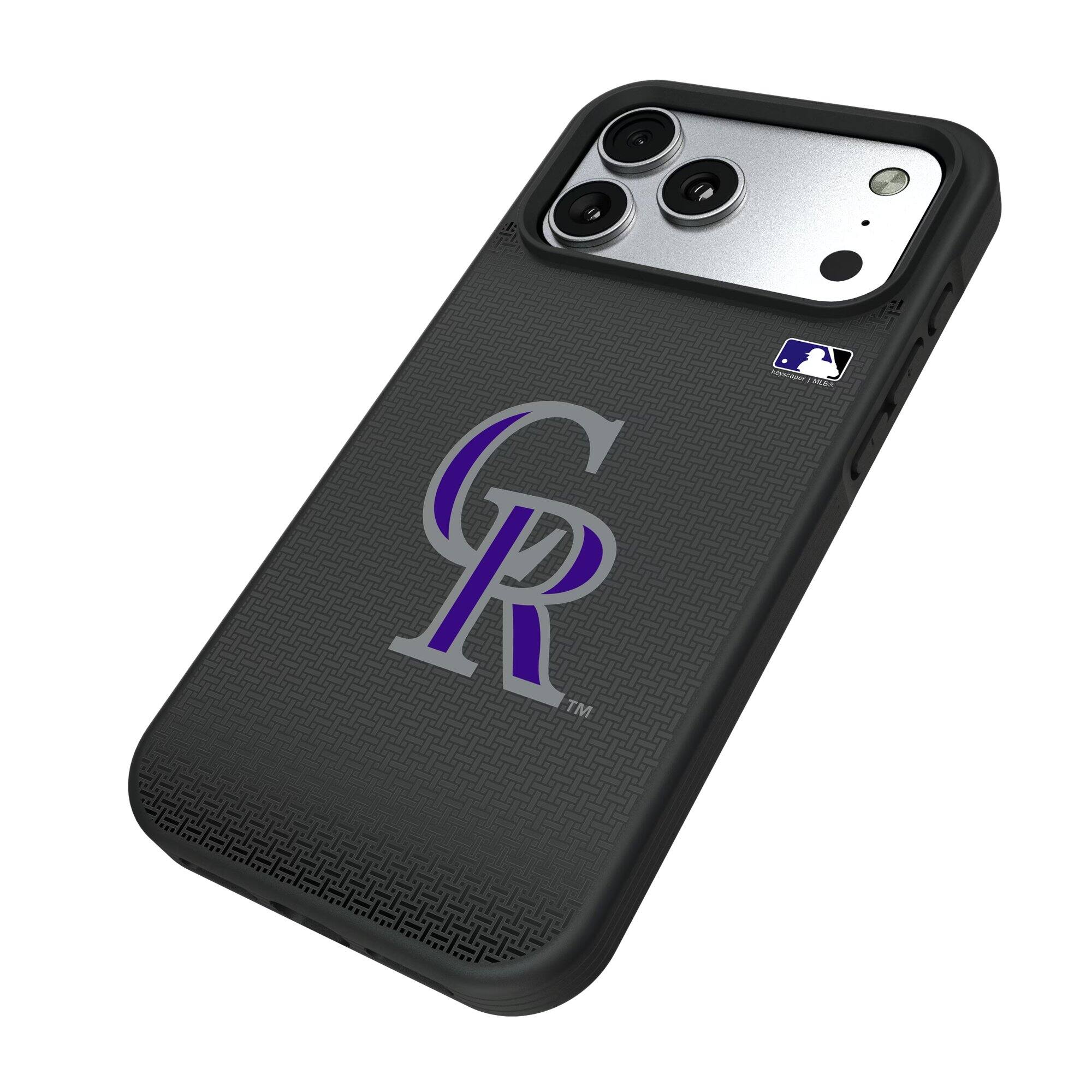 Alt View 1. Keyscaper - Colorado Rockies Linen Logo iPhone Bump Case - 14 Pro Max - Black.