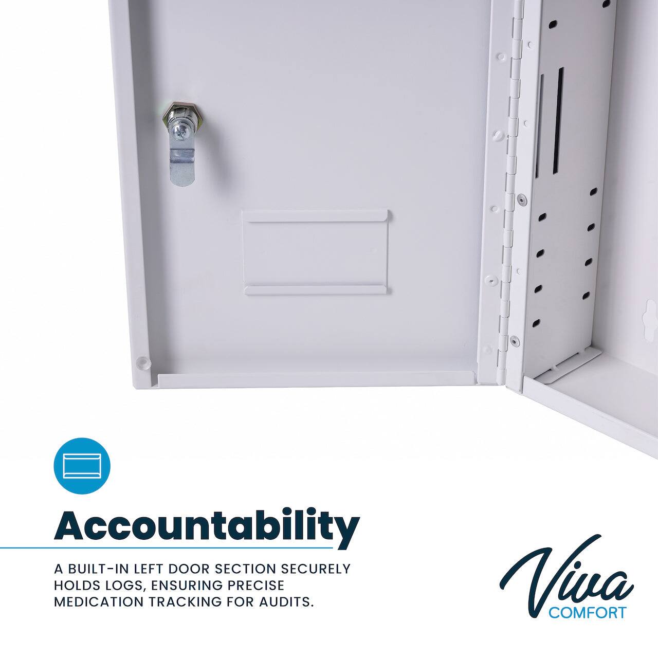 Accountability: A BUILT-IN LEFT DOOR SECTION SECURELY HOLDS LOGS, ENSURING PRECISE MEDICATION TRACKING FOR AUDITS. Viva COMFORT