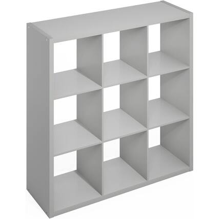 Front. FurniFact - Light Grey 9 Cube Storage Organizer with Open Back and Modern Wood Design - Light Grey.