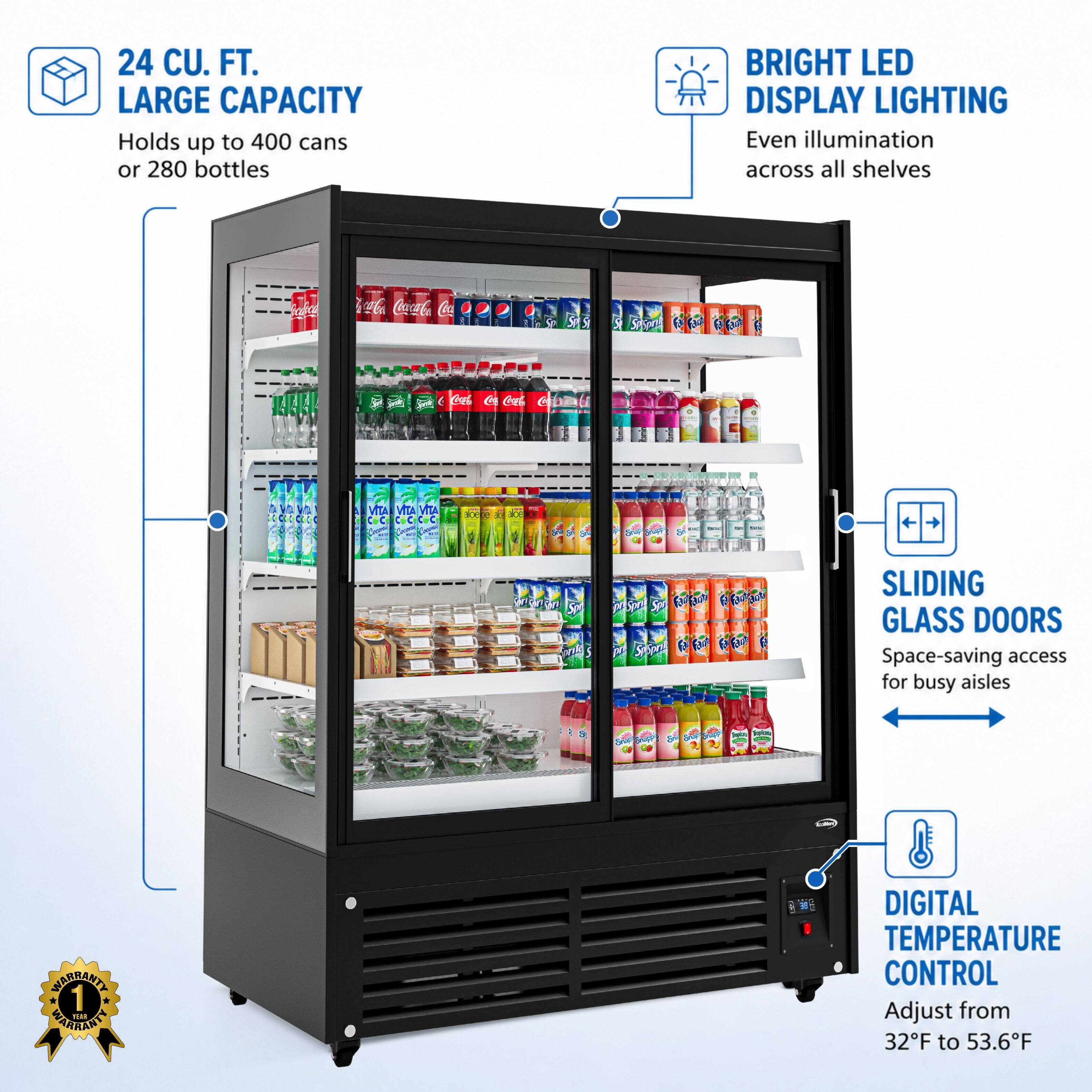 24 CU. FT. LARGE CAPACITY  
Holds up to 400 cans or 280 bottles  

BRIGHT LED DISPLAY LIGHTING  
Even illumination across all shelves  

SLIDING GLASS DOORS  
Space-saving access for busy aisles  

DIGITAL TEMPERATURE CONTROL  
Adjust from 32°F to 53.6°F