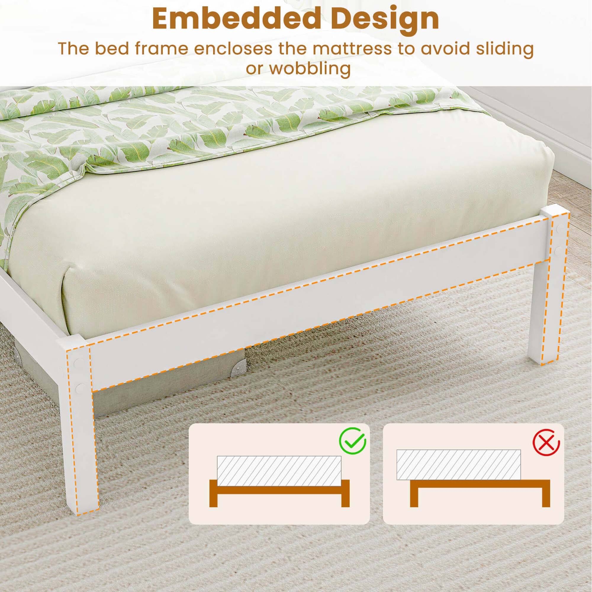 Embedded Design: The bed frame encloses the mattress to avoid sliding or wobbling.