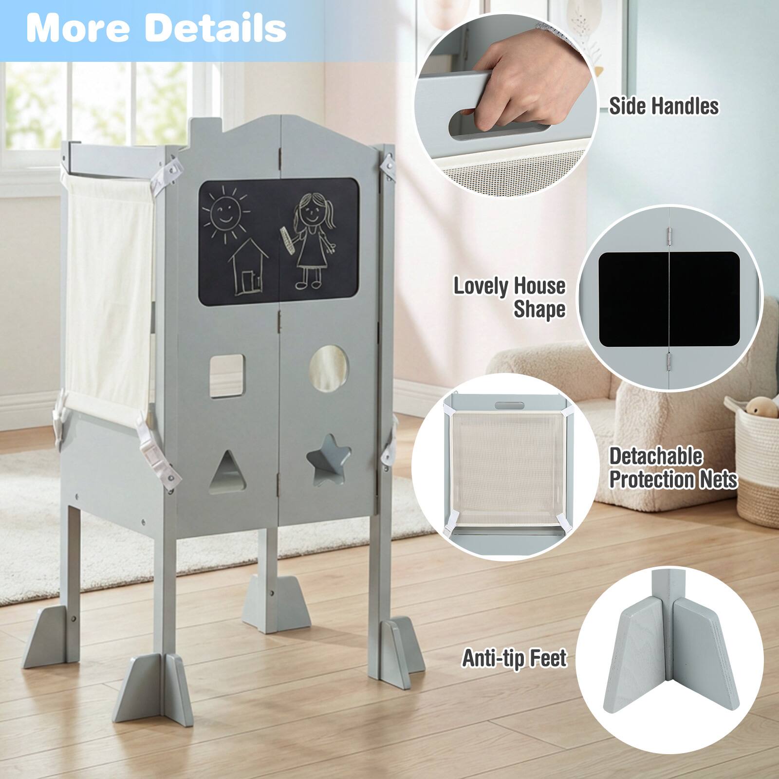 More Details

- Side Handles
- Lovely House Shape
- Detachable Protection Nets
- Anti-tip Feet