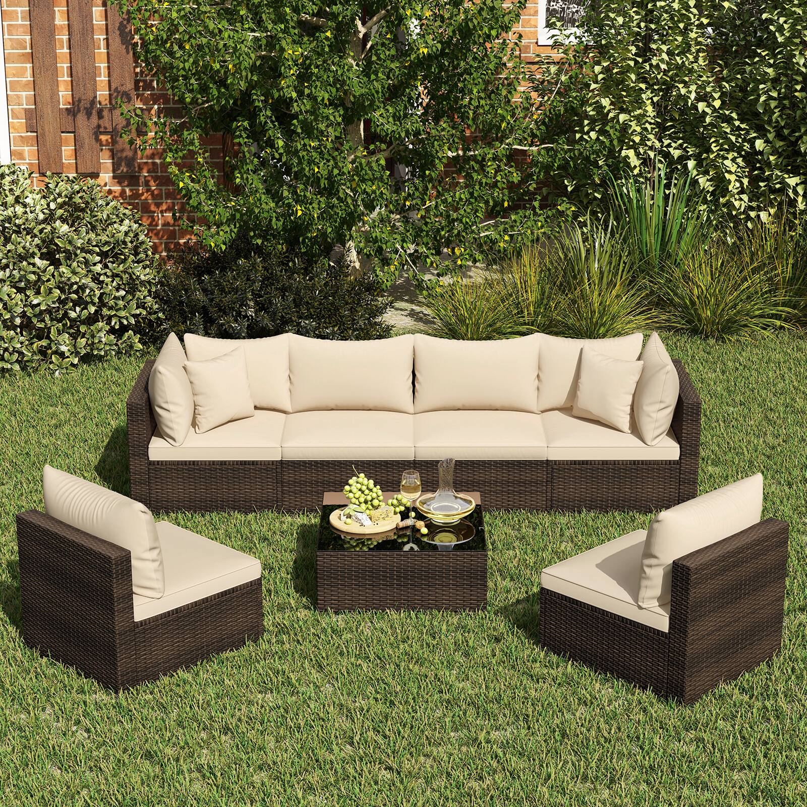 Alt View 2. SlickBlue - 7 Piece Patio Rattan Furniture Set with Sectional Sofa and Cushions - Beige.