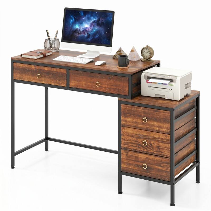 Left. WELLFOR - 51" Computer Desk with 5 Drawers & Printer Stand, Writing Desk for Home Office - Rustic Brown.