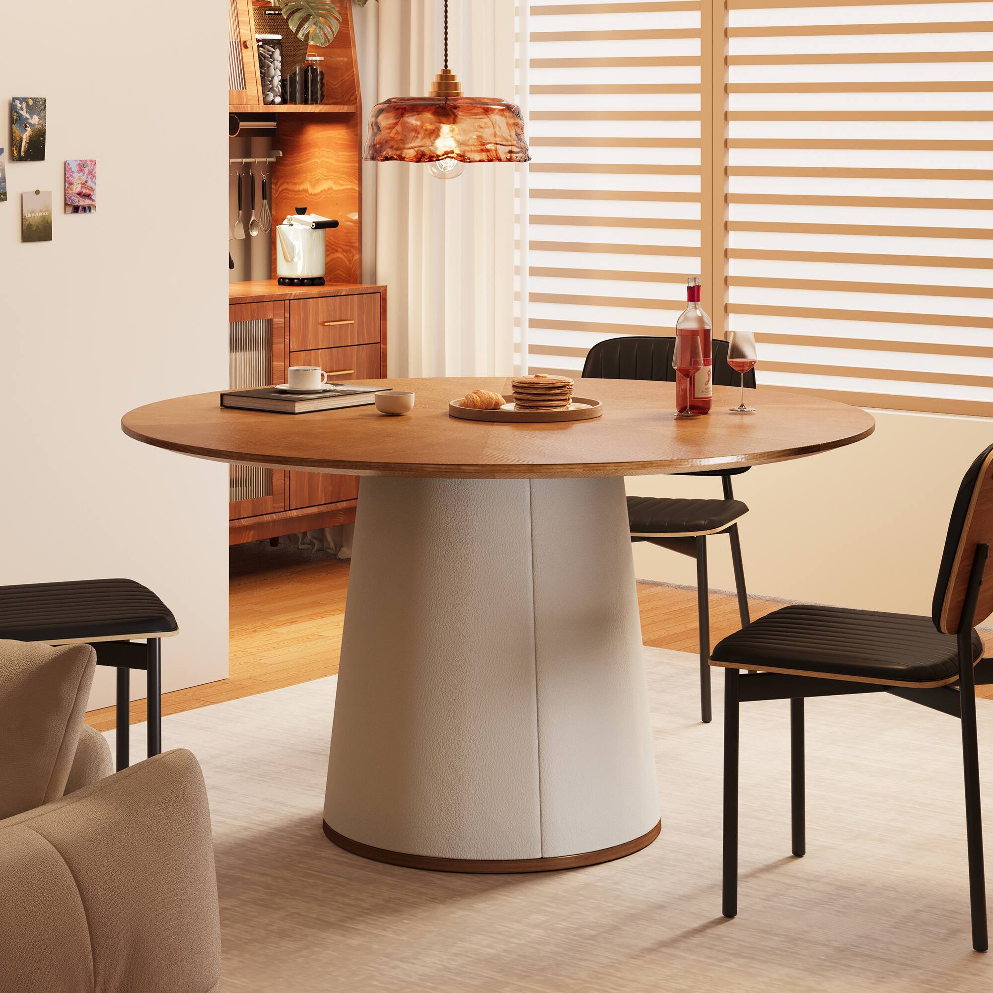 Front. luck idea - Mid-Century Modern Round Dining Table , 59" Round Kitchen Table for 6-8 Persons, Stylish Dining Room Furniture - Walnut color.