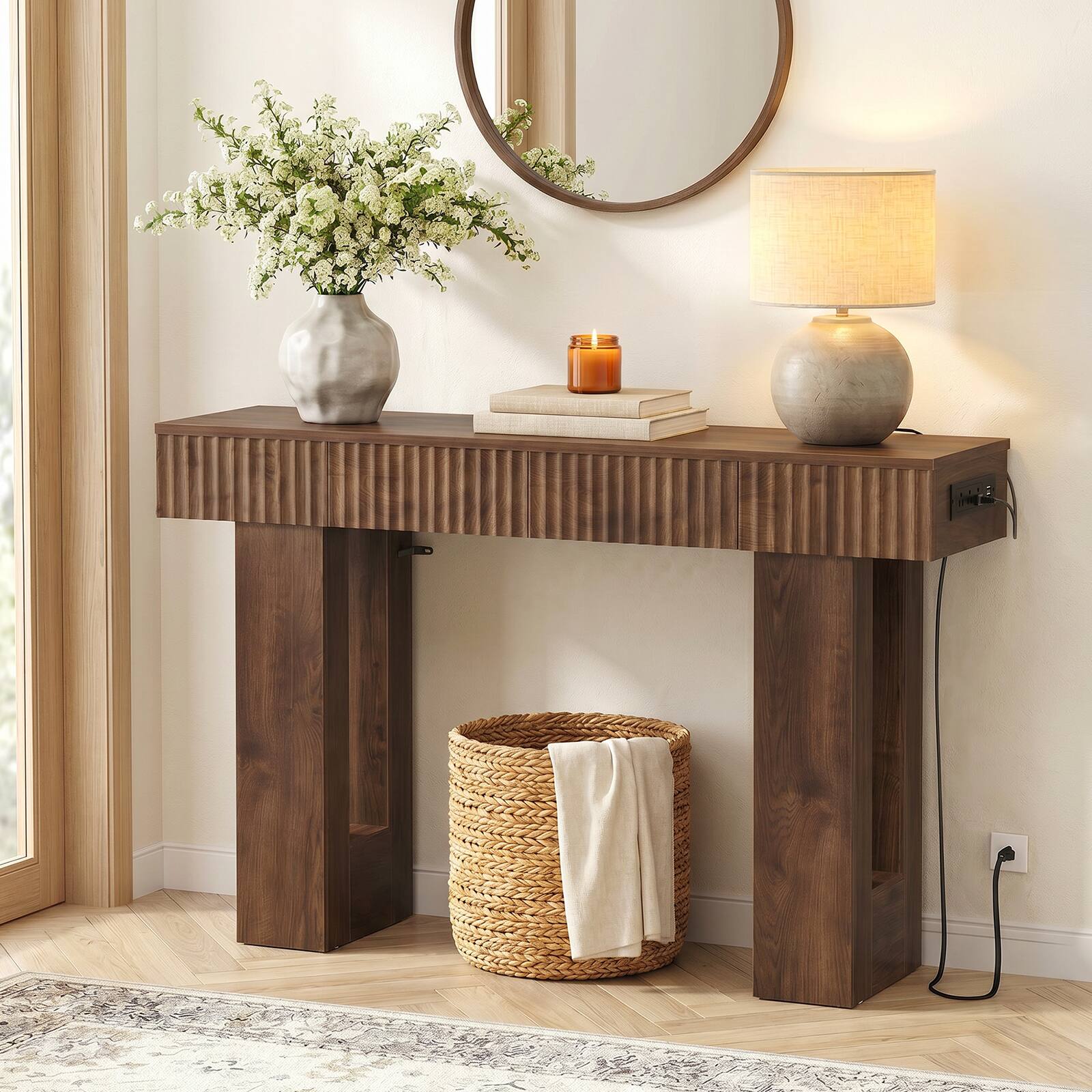 Alt View 4. Aheaplus - 47'' Fluted Console Table with 2 Drawers, Narrow Entryway Table with Charging Station for Entryway, Foyer - Cracked Oak.