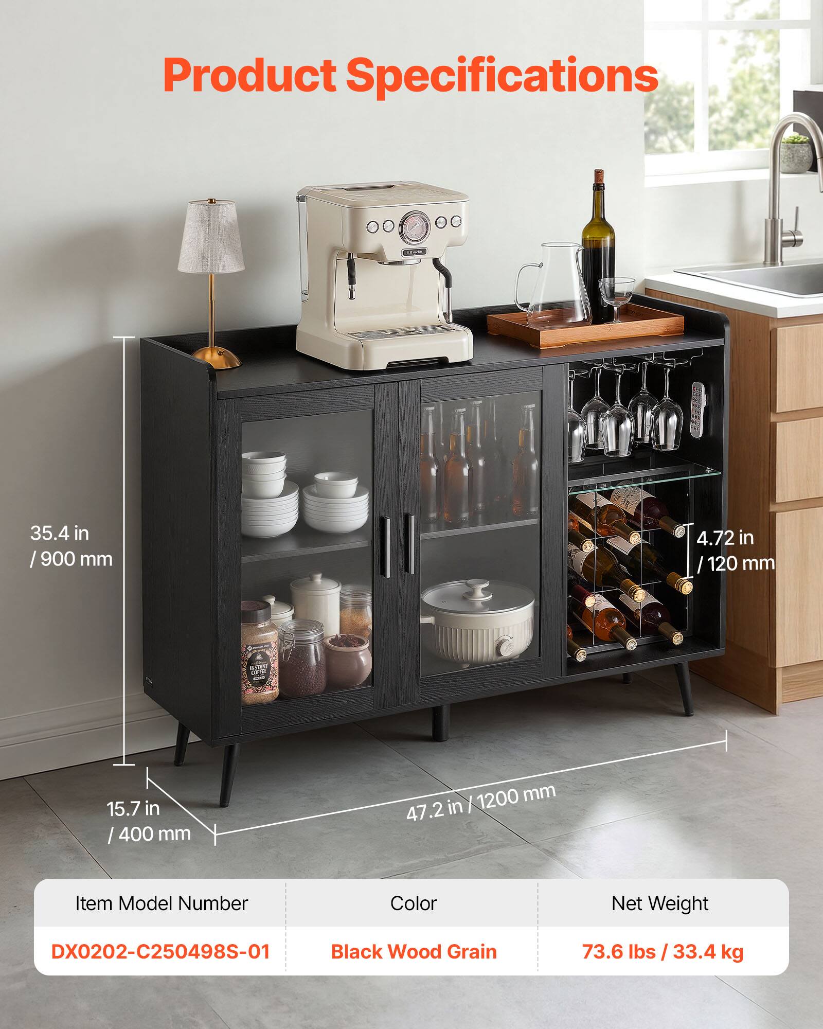 Product Specifications

- Width: 35.4 in / 900 mm
- Depth: 15.7 in / 400 mm
- Height: 47.2 in / 1200 mm
- Shelf Depth: 4.72 in / 120 mm

Item Model Number: DX0202-C250498S-01  
Color: Black Wood Grain  
Net Weight: 73.6 lbs / 33.4 kg