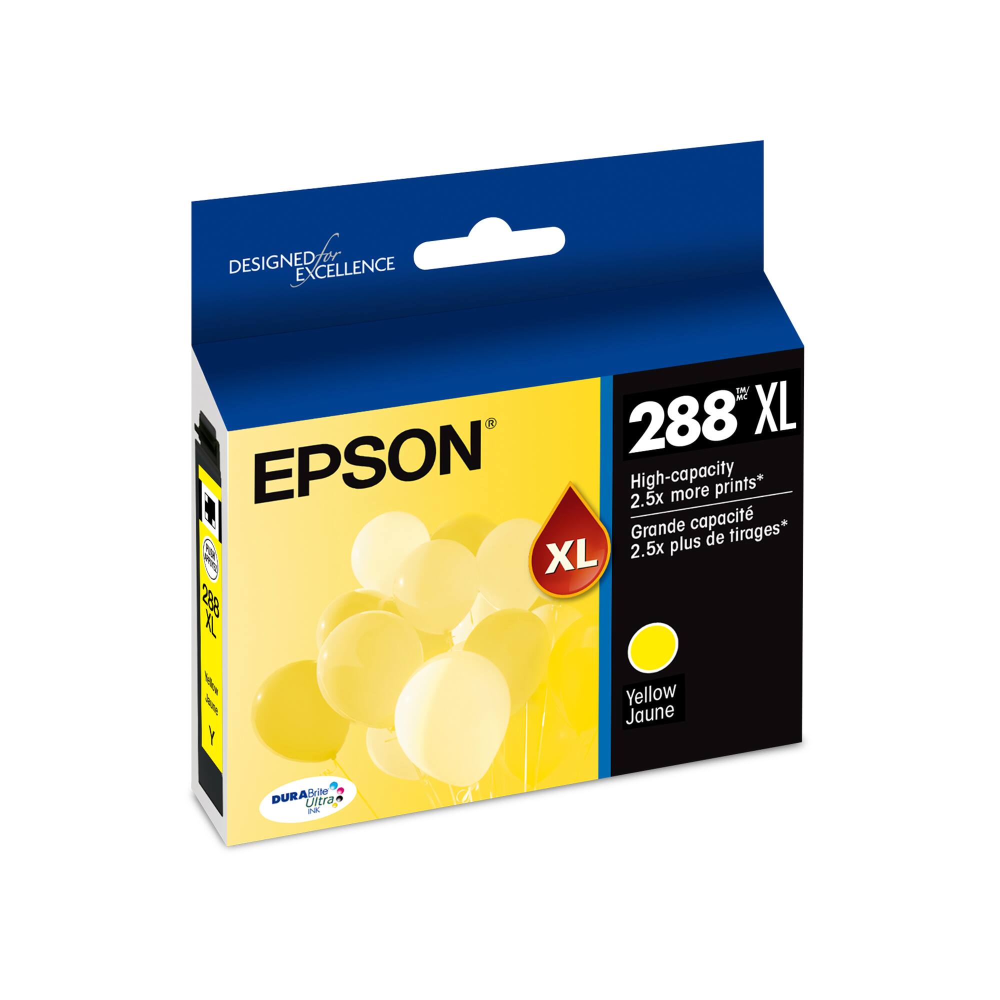 Designed for excellence 1M 288 XL EPSON High-capacity 2.5x more prints* Grande capacit tirages* plus de f XL 2.5x 280 XL Yellow DURA Brite Ultra.
