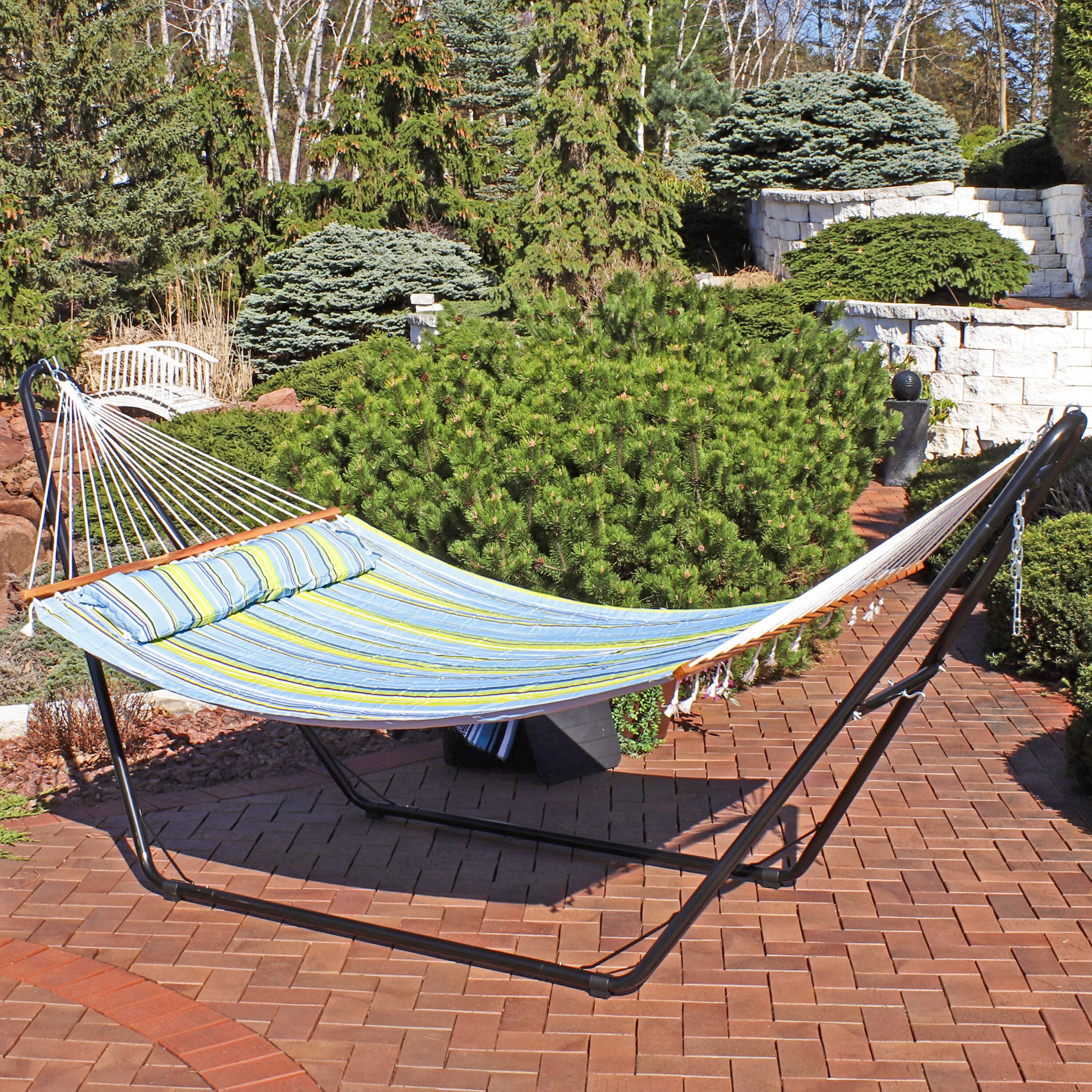 Alt View 7. Sunnydaze - 2-Person Quilted Hammock with Universal Steel Stand - Blue and Green.