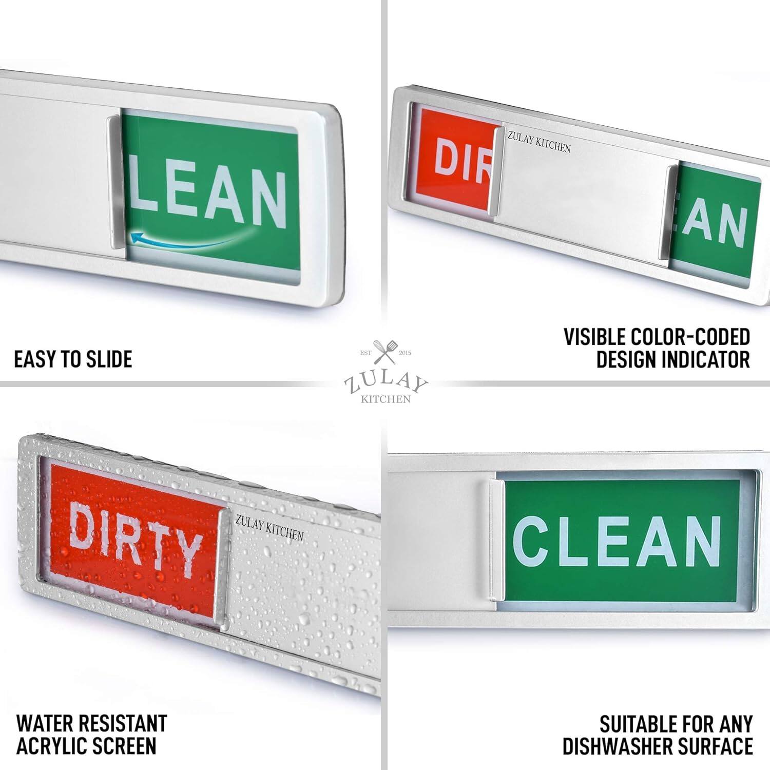 - LEAN ZULAY KITCHEN
- EASY TO SLIDE
- DIRTY ZULAY KITCHEN
- WATER RESISTANT ACRYLIC SCREEN
- CLEAN ZULAY KITCHEN
- SUITABLE FOR ANY DISHWASHER SURFACE
- VISIBLE COLOR-CODED DESIGN INDICATOR