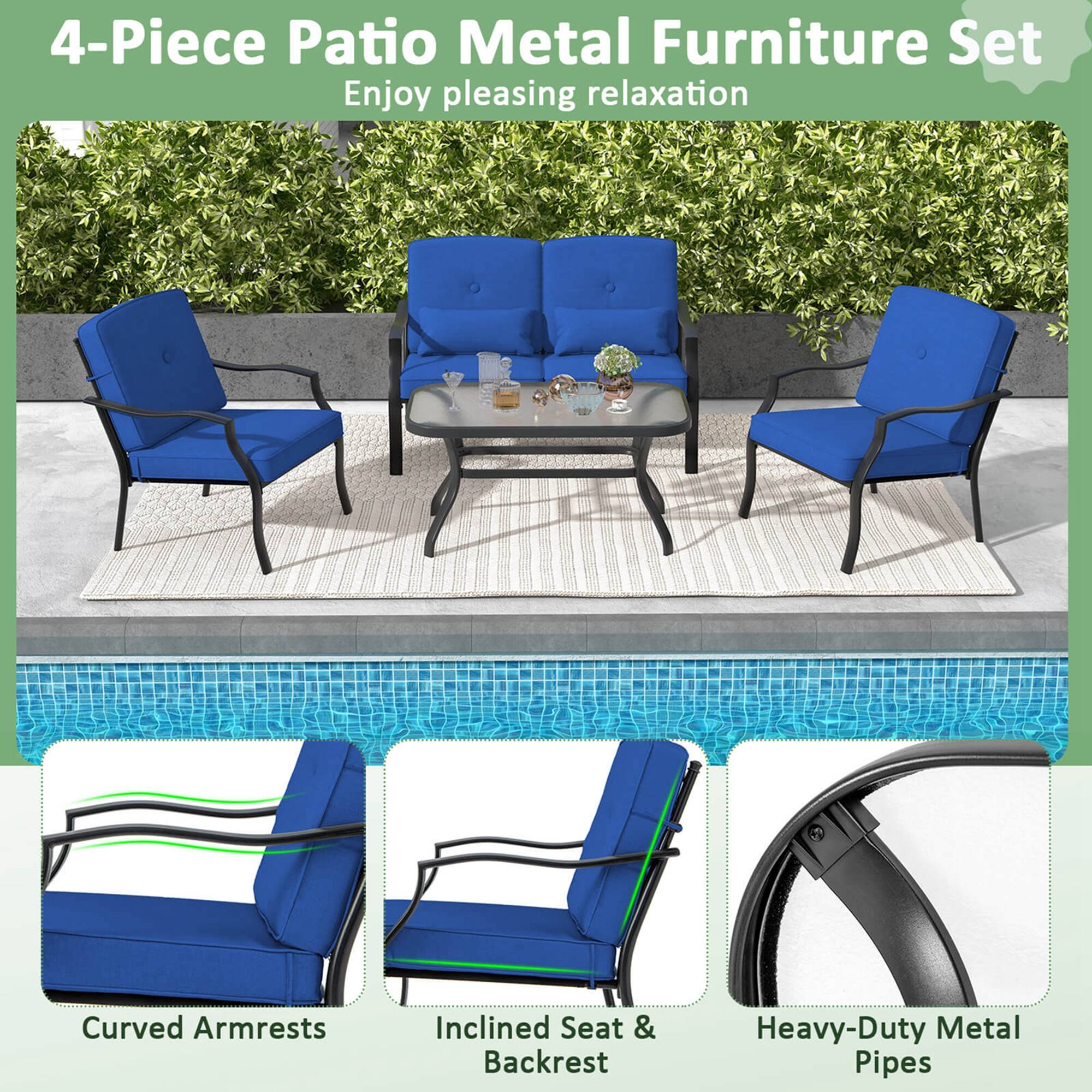 4-Piece Patio Metal Furniture Set: Enjoy pleasing relaxation with curved armrests, inclined seat & backrest, and heavy-duty metal pipes.