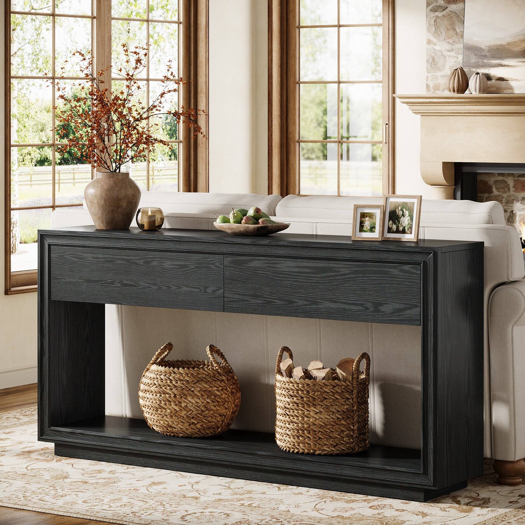 Back. Tribesigns - Farmhouse Console Table with Storage Shelves and Drawer Storage for Entryway, Hallway and Living Room - Black.