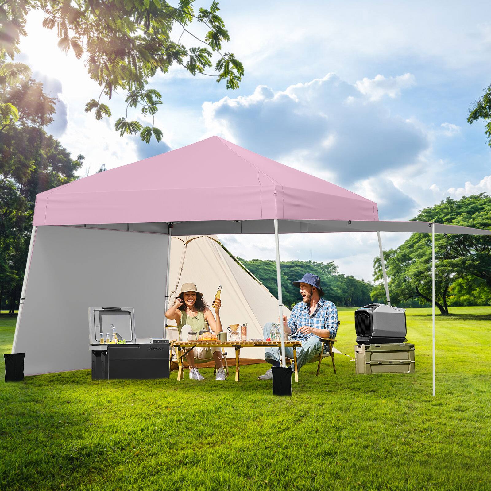 Alt View 3. Gymax - Gymax 14 X 9.2 FT Pop up Canopy Tent w/ 2 Convertible Sidewalls to Awning & Stakes Pink - Gray.