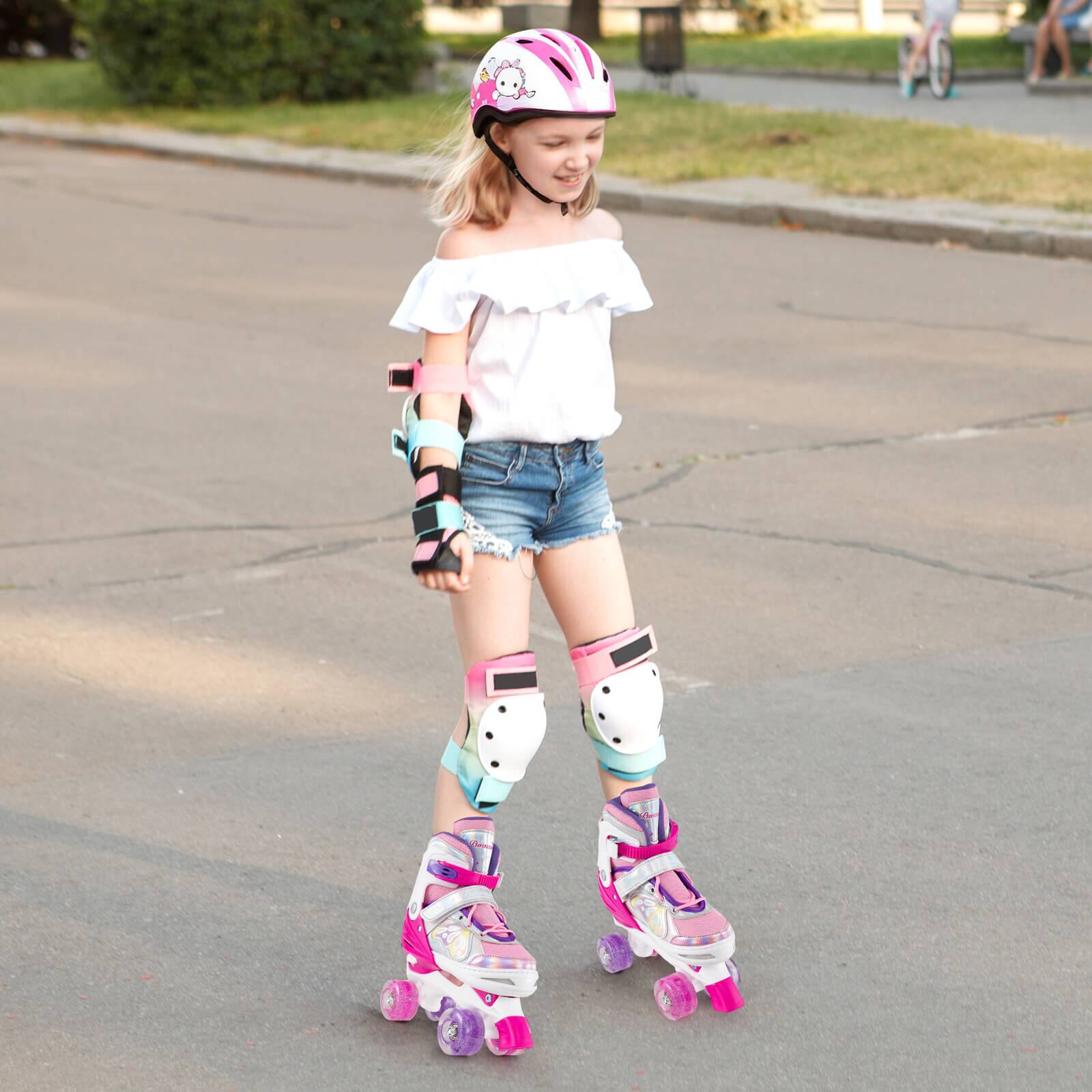 Alt View 3. Costway - Costway 4 Sizes Adjustable Quad Skates with Light-up Wheels Safety Protection for Ages 13+ - Rose Red.