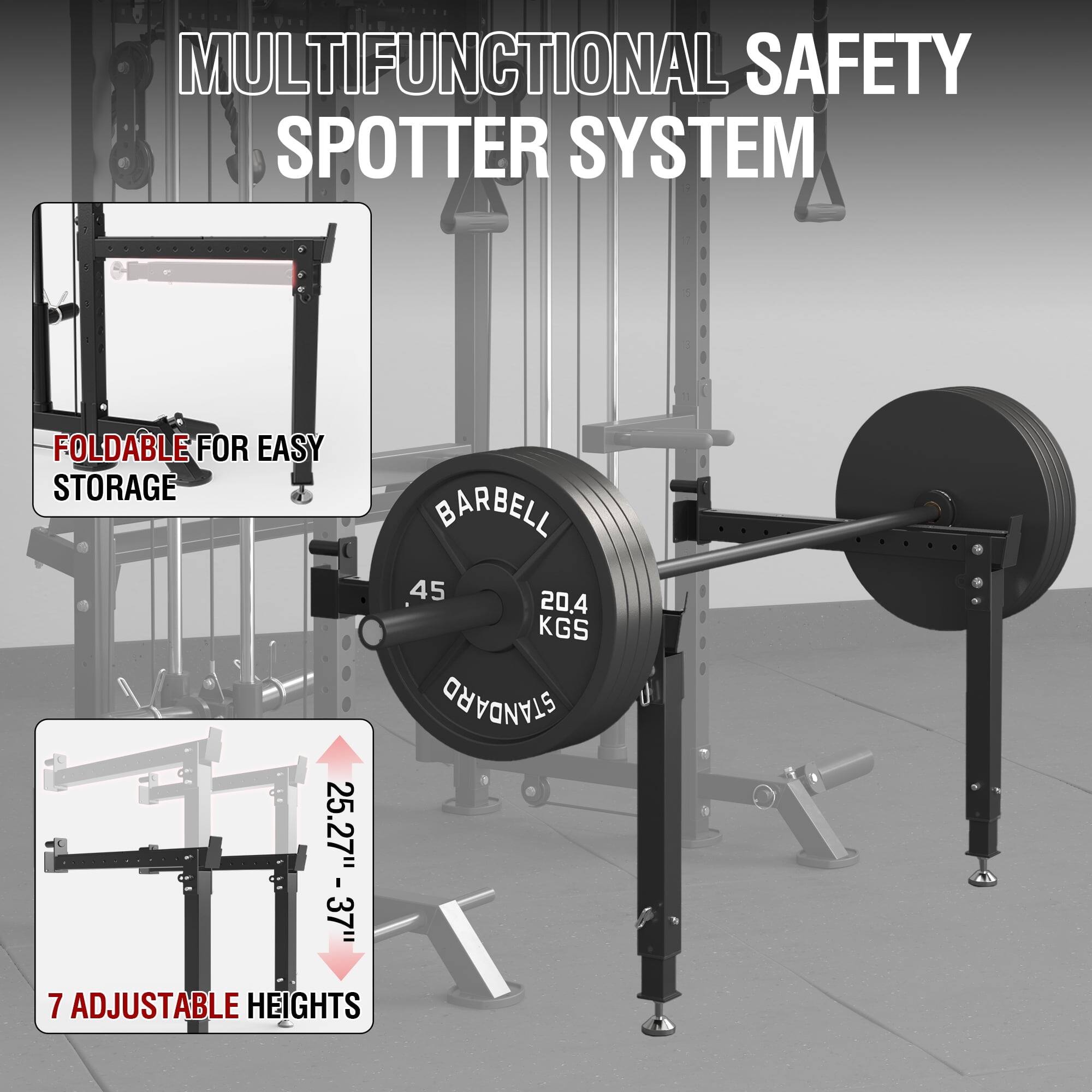 MULTIFUNCTIONAL SAFETY SPOTTER SYSTEM, FOLDABLE FOR EASY STORAGE, 7 ADJUSTABLE HEIGHTS, BARBELL 20.4 KGS STANDARD