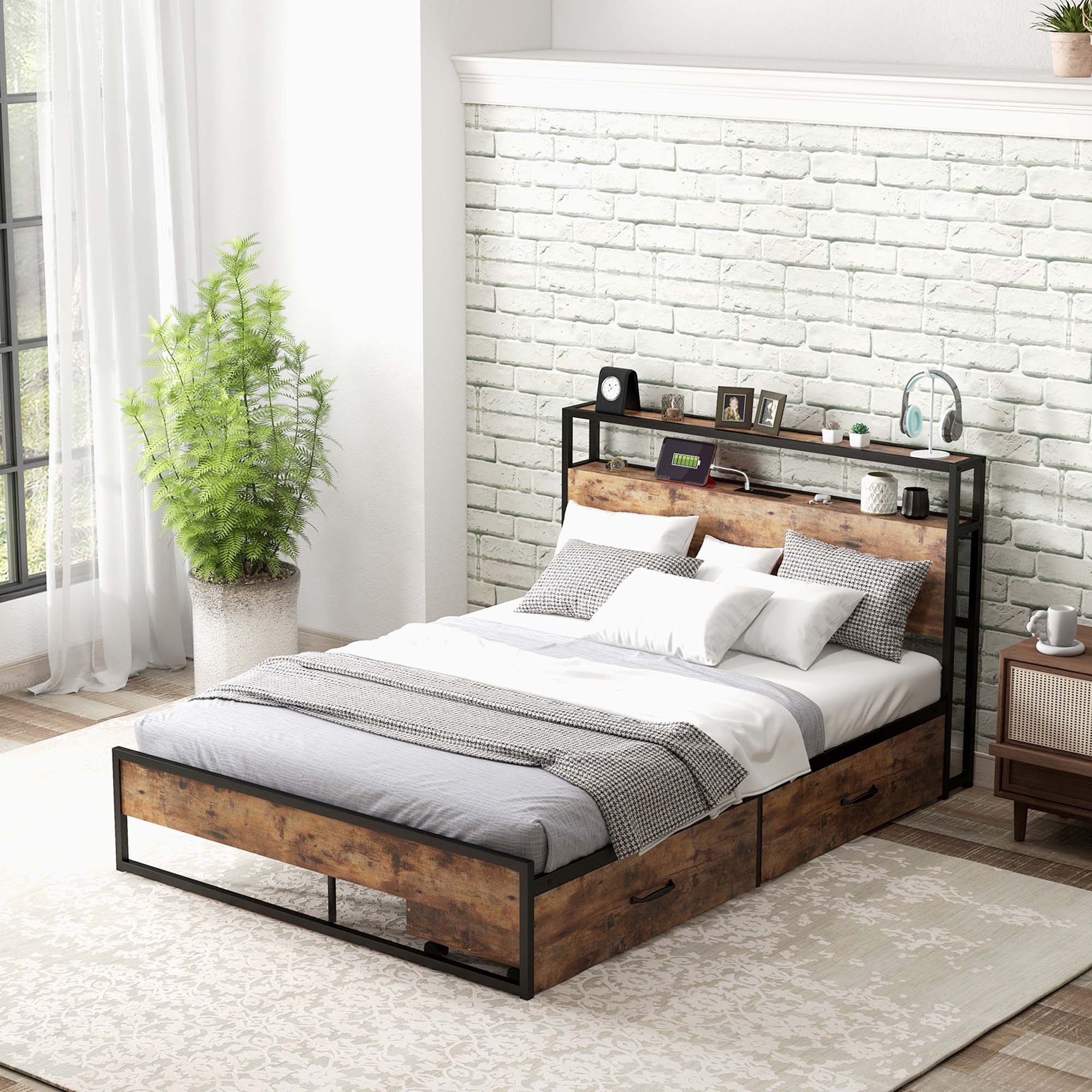 Alt View 4. Costway - Costway Full Industrial Platform Bed Frame with Drawer Storage Headboard Charging Station - White.