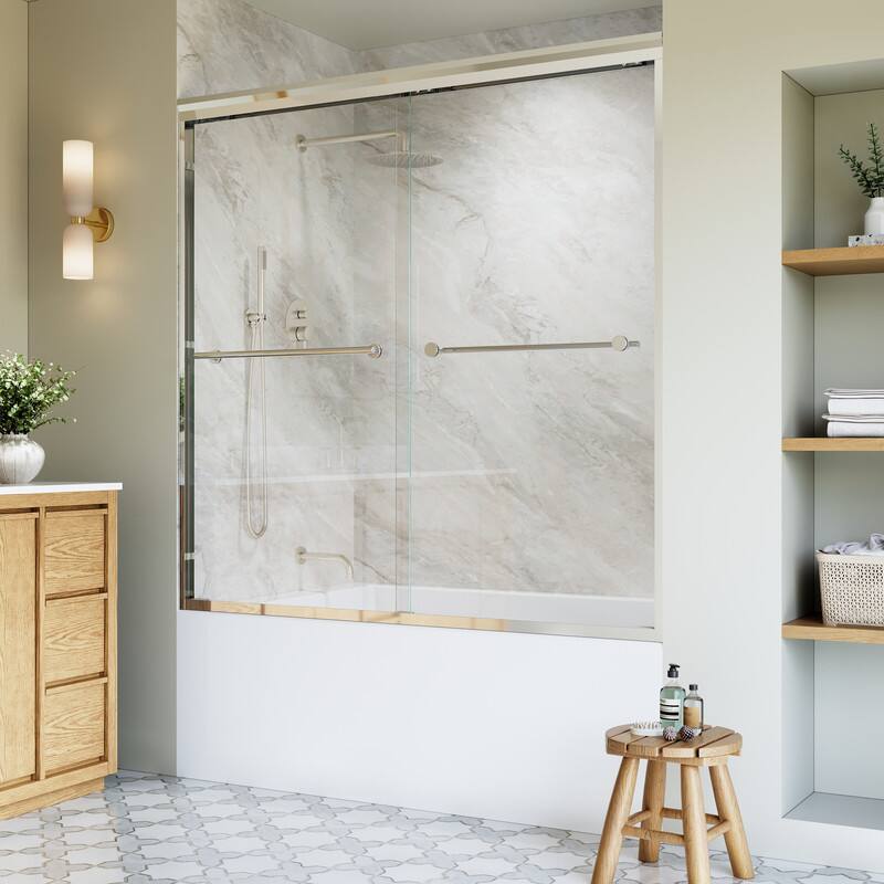 Angle. WELLFOR - 56-60 in. W x 60 in. H Framed Sliding Shower Door with 1/4 in. Clear Tempered Safety Glass,Reversible - Chrome.