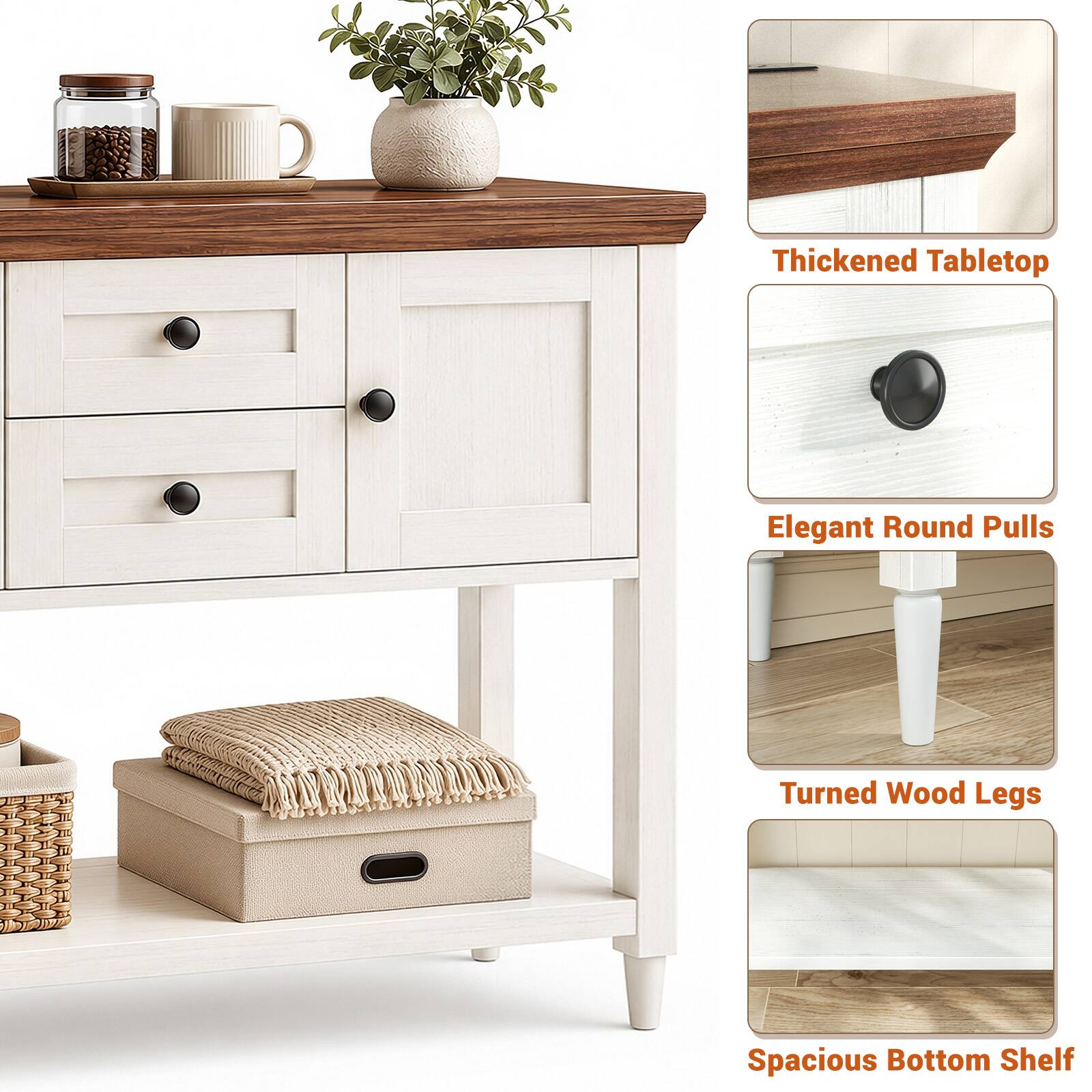Thickened Tabletop  
Elegant Round Pulls  
Turned Wood Legs  
Spacious Bottom Shelf