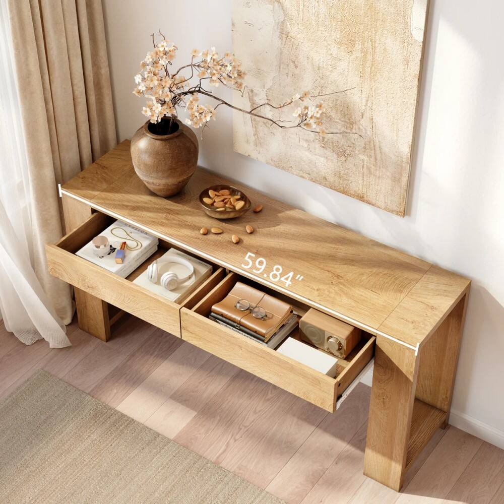 Alt View 3. Furnulem - 60 Inch Light Oak Console Table with 2 Drawers and Side Shelves Farmhouse Entryway Sofa Table - Brown.