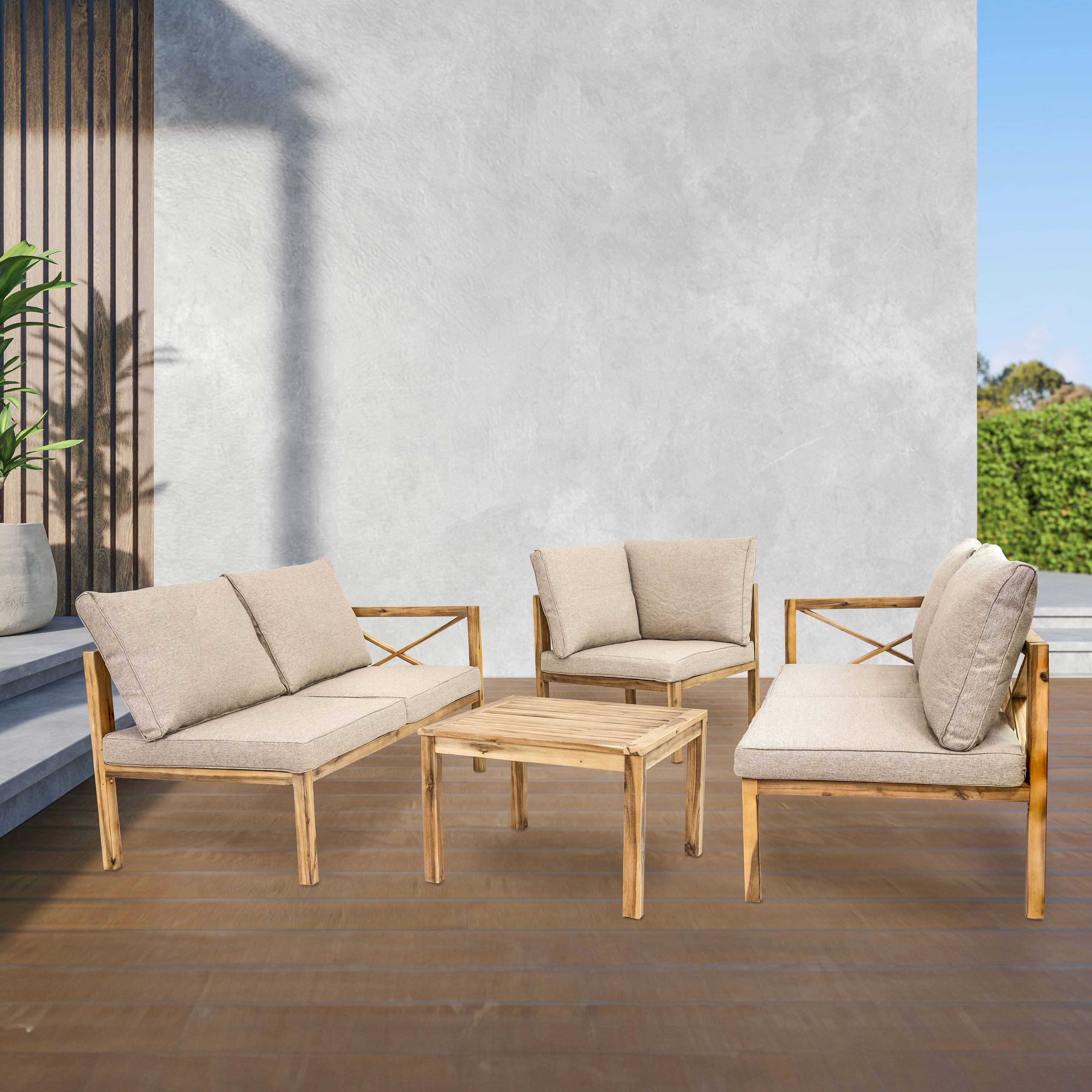 Alt View 8. Sunnydaze - Edisto 4-Piece Acacia Outdoor Conversation Set - Light Brown.