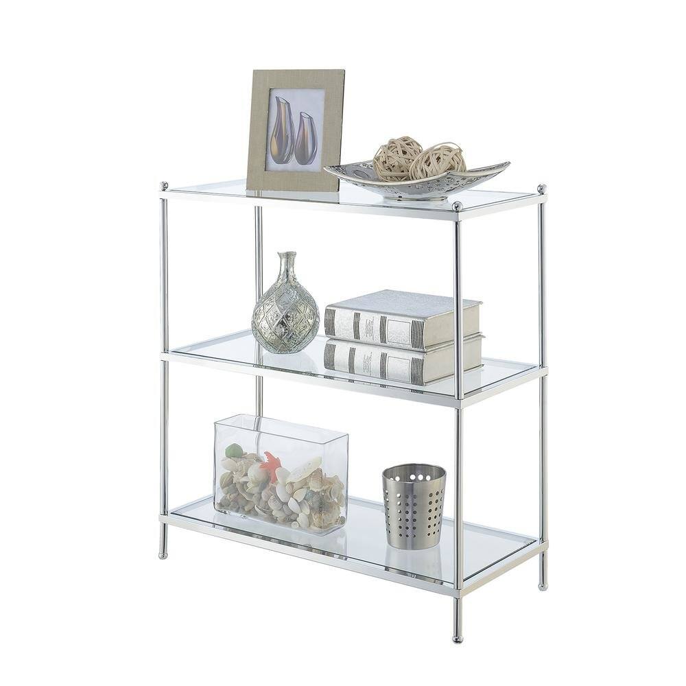 Angle. FurniFact - 3 Tier Bookcase, Chrome, Glass Shelves - Chrome.