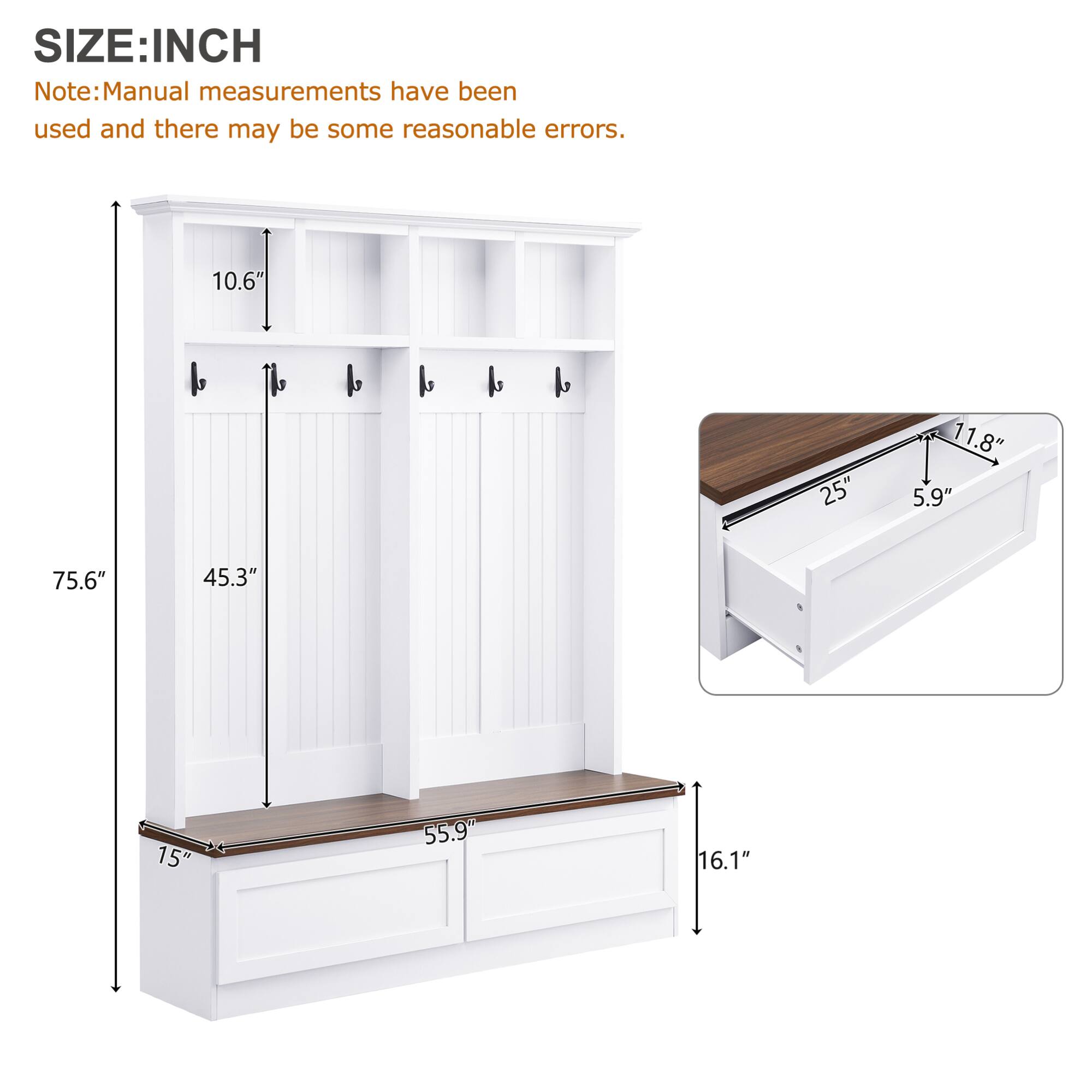 SIZE: INCH  
Note: Manual measurements have been used and there may be some reasonable errors.  

- 10.6"  
- 25"  
- 11.8"  
- 5.9"  
- 75.6"  
- 45.3"  
- 15"  
- 55.9"  
- 16.1"