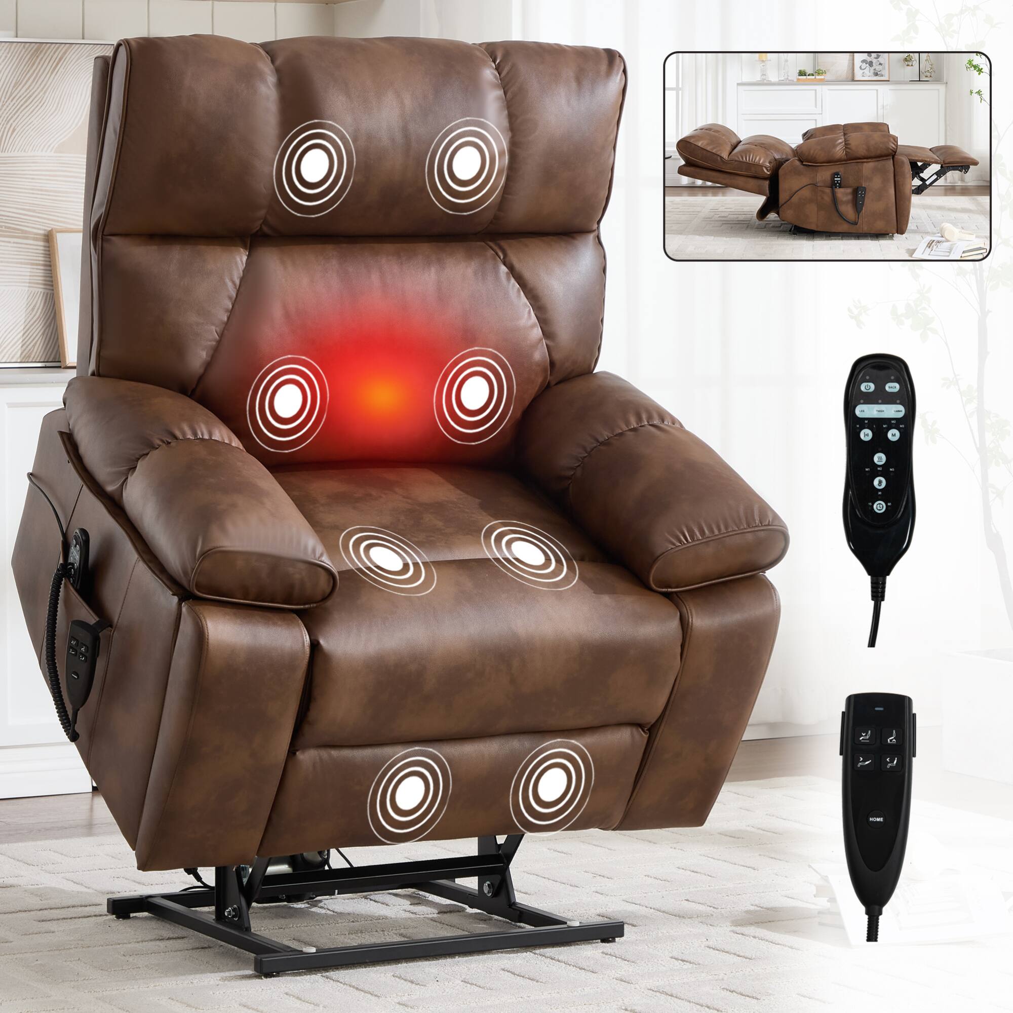 Alt View 8. GOODSILO - Large Dual Motor Electric Power Lift Recliner with Massage and Lumbar Heat Functions for Ultimate Comfort - Brown.