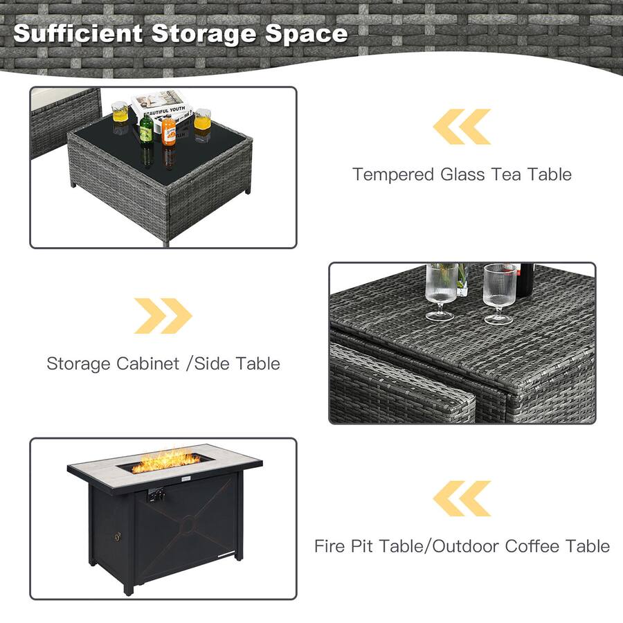 Gymax 9 PCS Patio Rattan Furniture Set Fire Pit Table Storage Black W ...